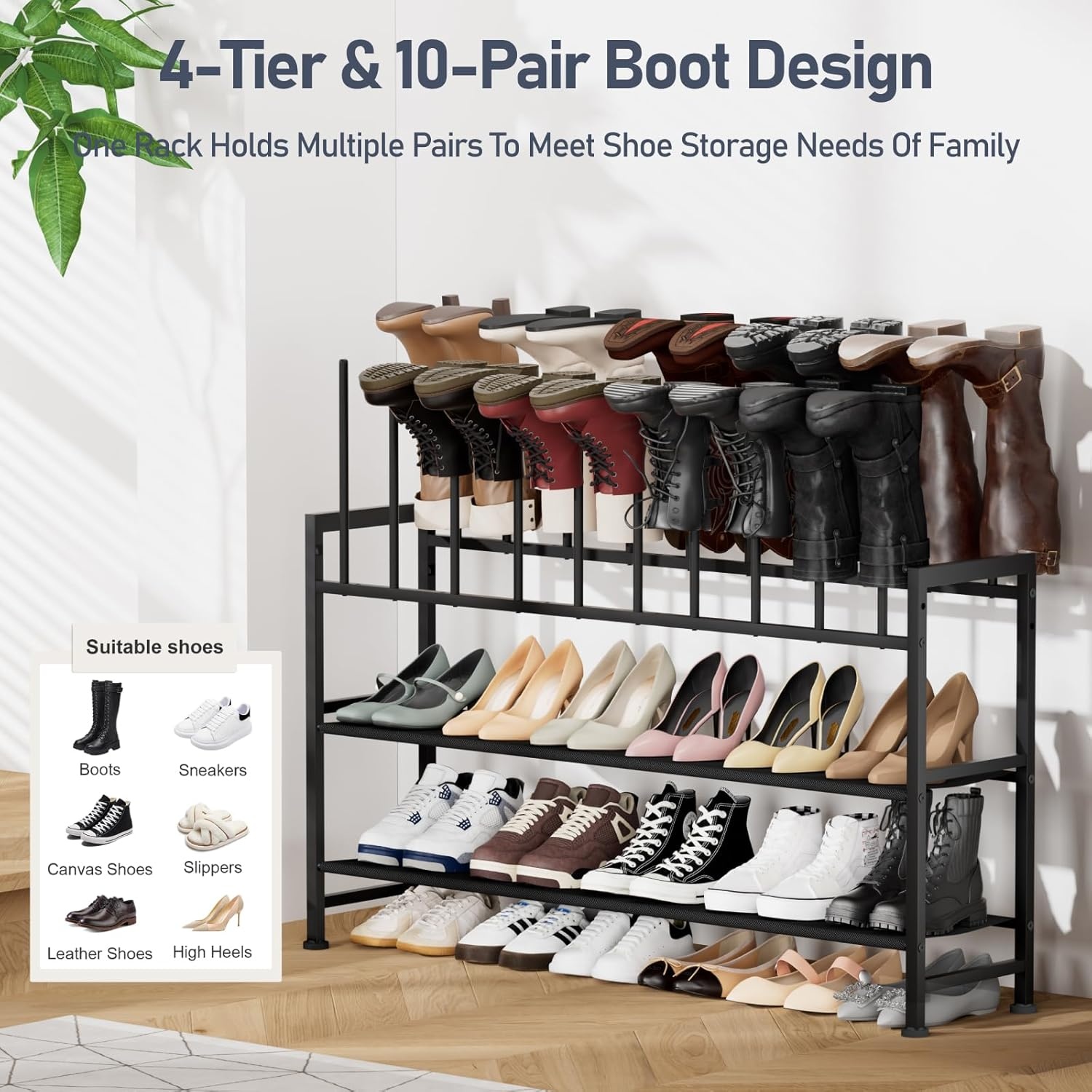 image:imageDIMJ Free Standing Shoe Racks 3Tier Boot Rack Black Metal Storage Organizer for Tall Boots Sneakers Closet Organizer Multiuse Shoe Rack Fits 6 Pairs1 Pack 4 Tier 10 Pair