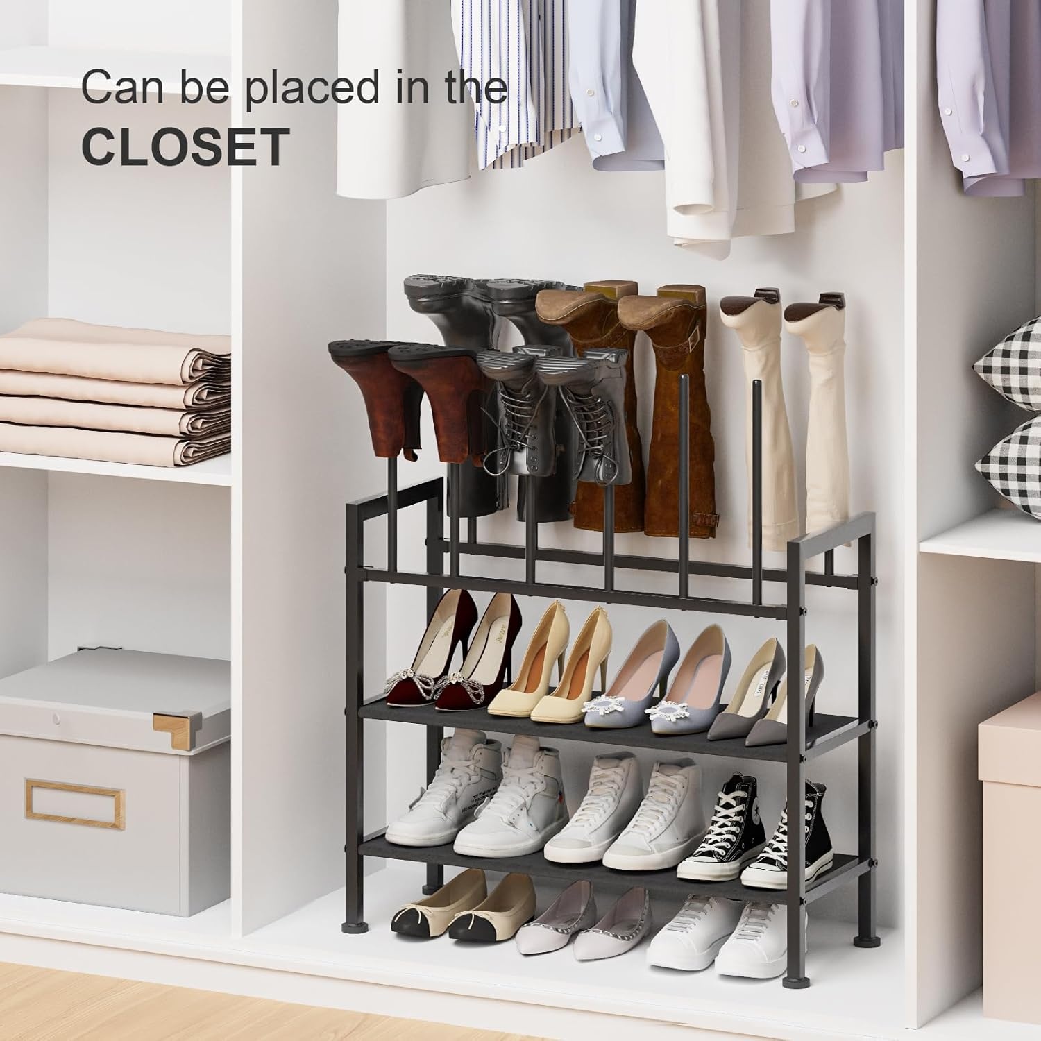 image:imageDIMJ Free Standing Shoe Racks 3Tier Boot Rack Black Metal Storage Organizer for Tall Boots Sneakers Closet Organizer Multiuse Shoe Rack Fits 6 Pairs1 Pack 4Tier 6 Pair