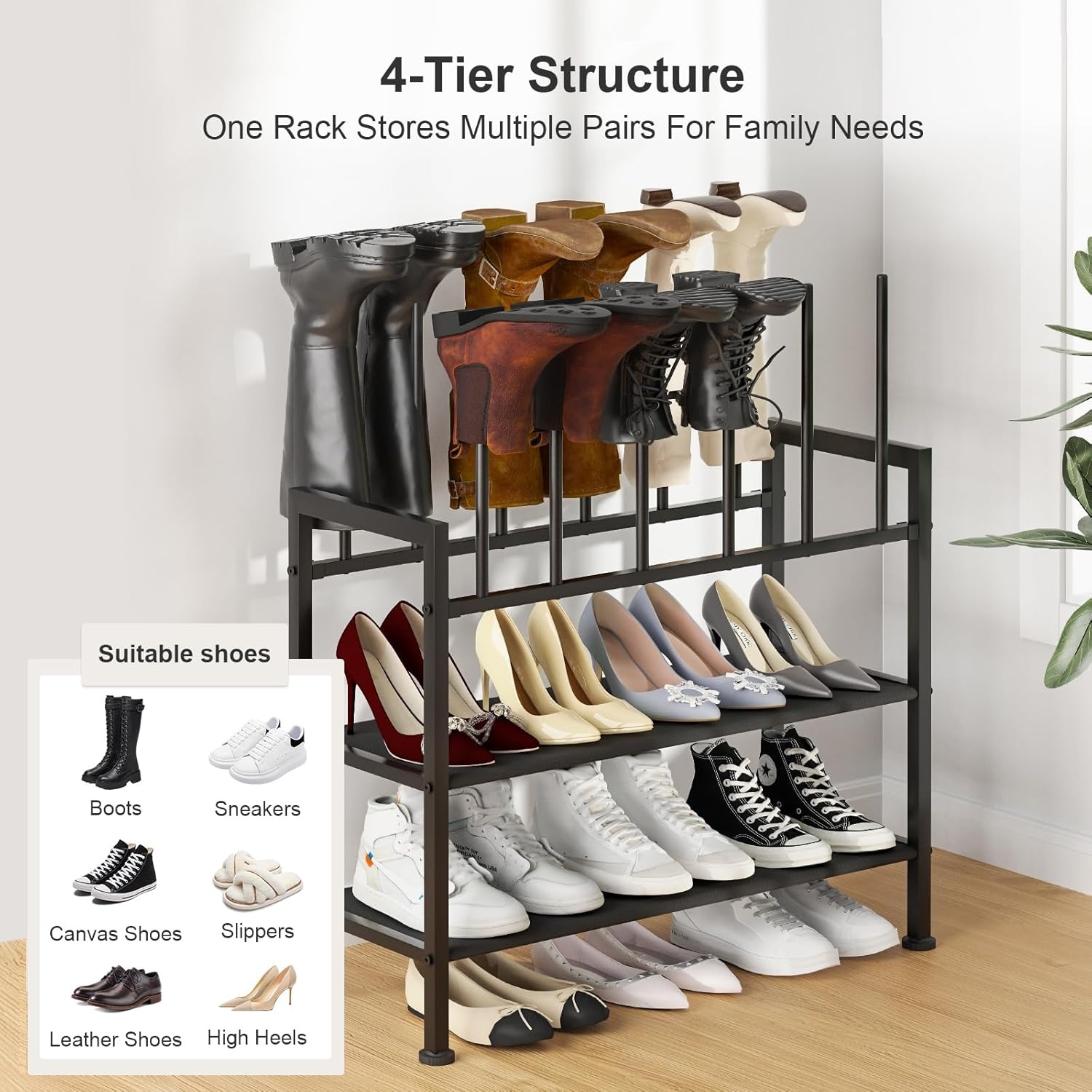 image:imageDIMJ Free Standing Shoe Racks 3Tier Boot Rack Black Metal Storage Organizer for Tall Boots Sneakers Closet Organizer Multiuse Shoe Rack Fits 6 Pairs1 Pack 4Tier 6 Pair