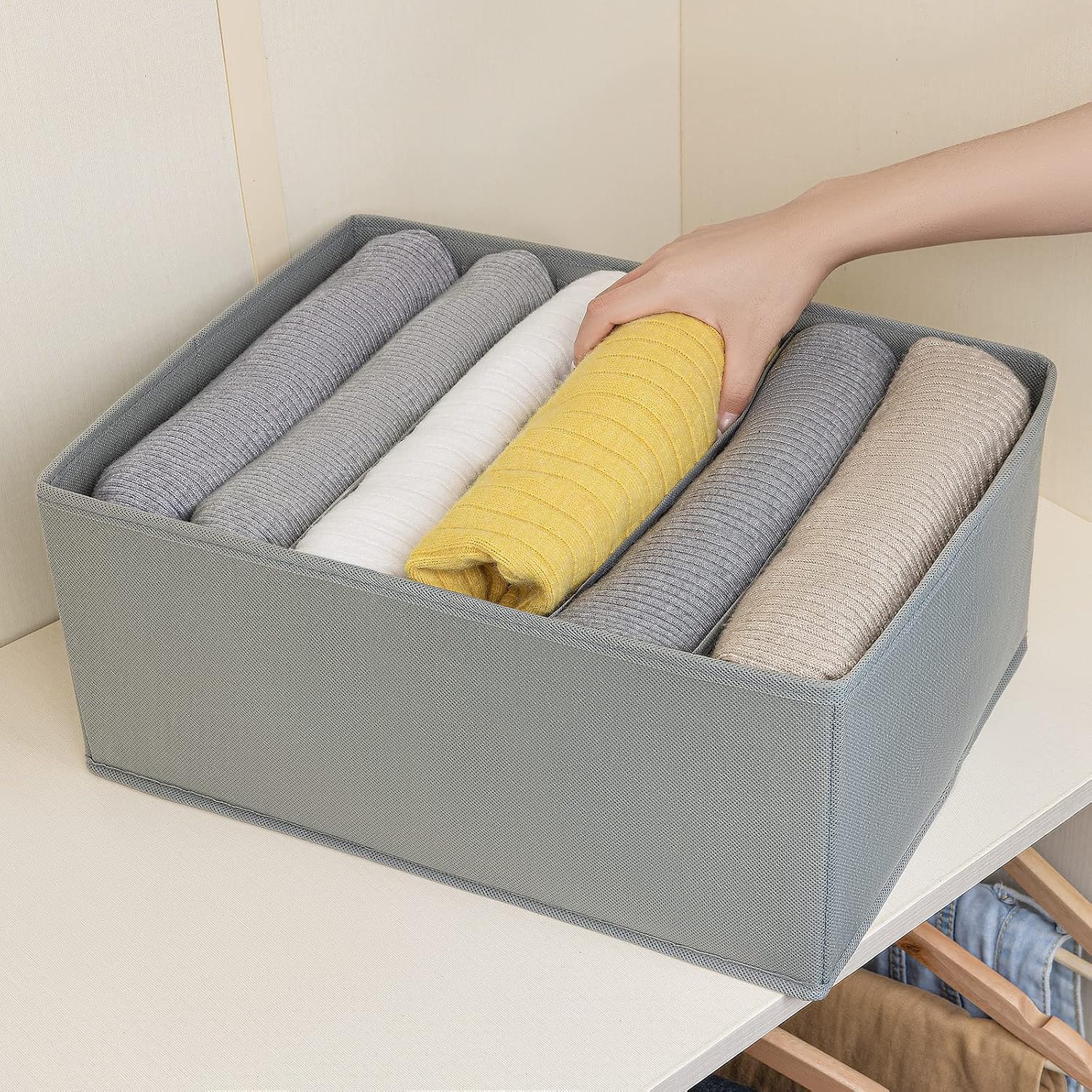 image:imageDIMJ Large Wardrobe Organizer 6 Cell Foldable Clothing Drawer Organizers Closet Storage Bins for Clothes Jeans Wardrobe 2 Packs Grey