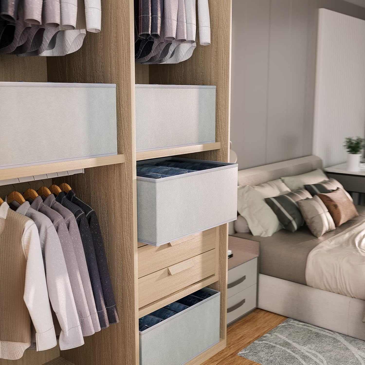 image:imageDIMJ Large Wardrobe Organizer 6 Cell Foldable Clothing Drawer Organizers Closet Storage Bins for Clothes Jeans Wardrobe 2 Packs Grey