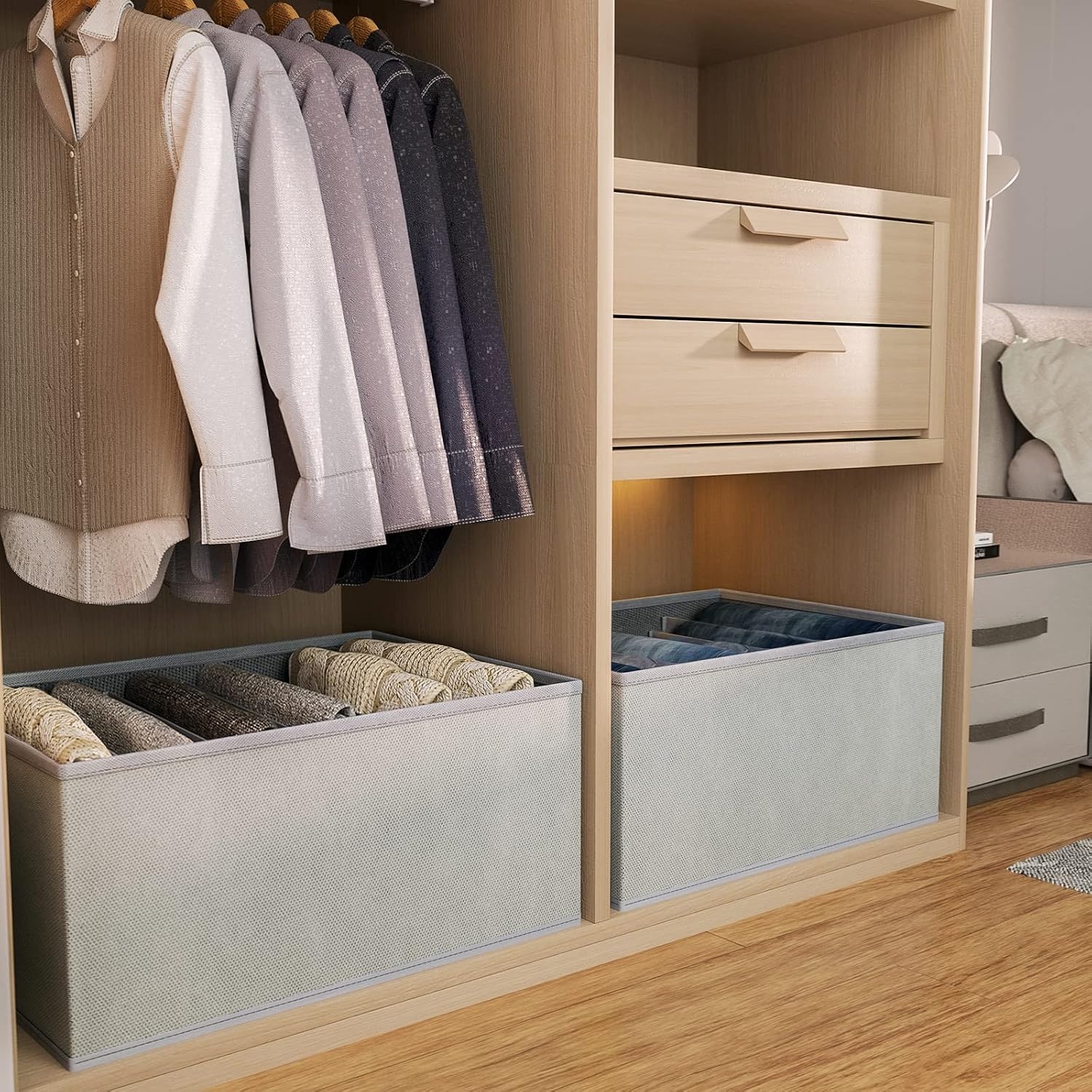 image:imageDIMJ Large Wardrobe Organizer 6 Cell Foldable Clothing Drawer Organizers Closet Storage Bins for Clothes Jeans Wardrobe 2 Packs Grey