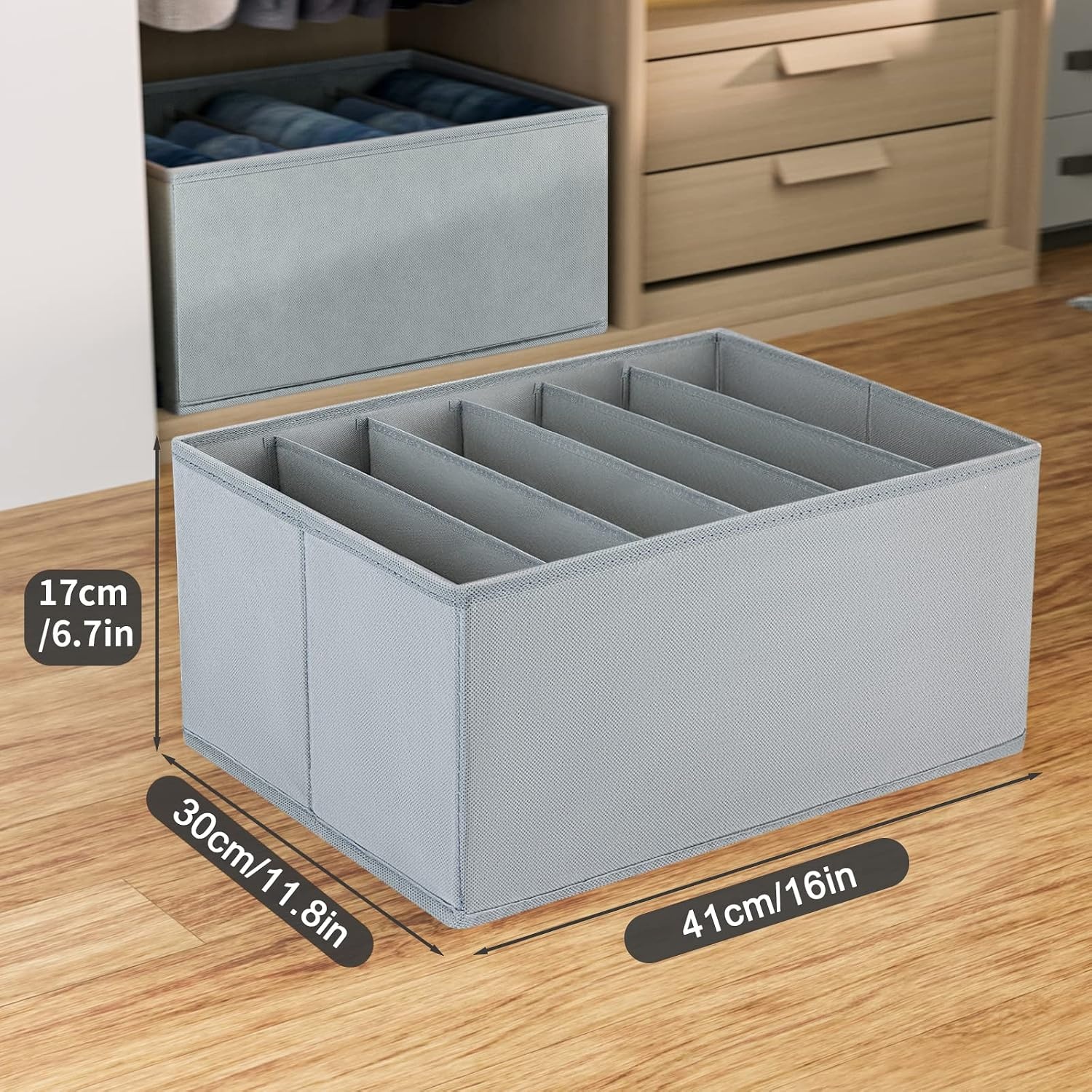 image:imageDIMJ Large Wardrobe Organizer 6 Cell Foldable Clothing Drawer Organizers Closet Storage Bins for Clothes Jeans Wardrobe 2 Packs Grey