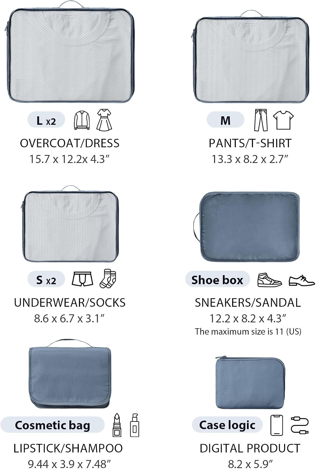 image:imageDIMJ Packing Cubes 8 Pcs for Suitcase Lightweight Travel Essential Bag with Large Toiletries Bag for Clothes Shoes Cosmetics Toiletries Grey