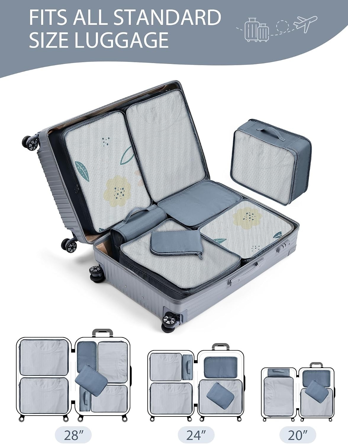 image:imageDIMJ Packing Cubes 8 Pcs for Suitcase Lightweight Travel Essential Bag with Large Toiletries Bag for Clothes Shoes Cosmetics Toiletries Grey