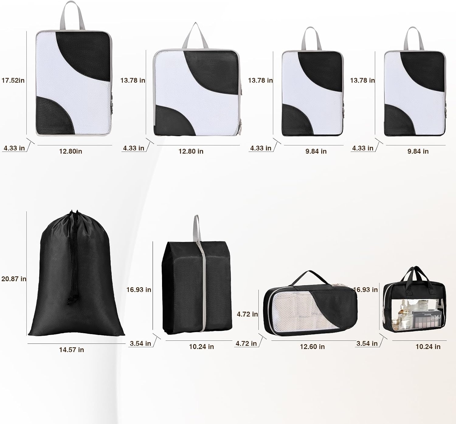 image:imageDIMJ Packing Cubes Compression 8 Set Compression Packing Cubes Mesh Design Packing Cubes for Travel Compression Packing Cubes for Suitcases with Thick Zip Clear Window Wash Bag Black HXYS002