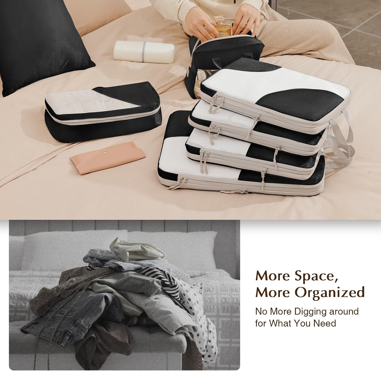 image:imageDIMJ Packing Cubes Compression 8 Set Compression Packing Cubes Mesh Design Packing Cubes for Travel Compression Packing Cubes for Suitcases with Thick Zip Clear Window Wash Bag Black HXYS002