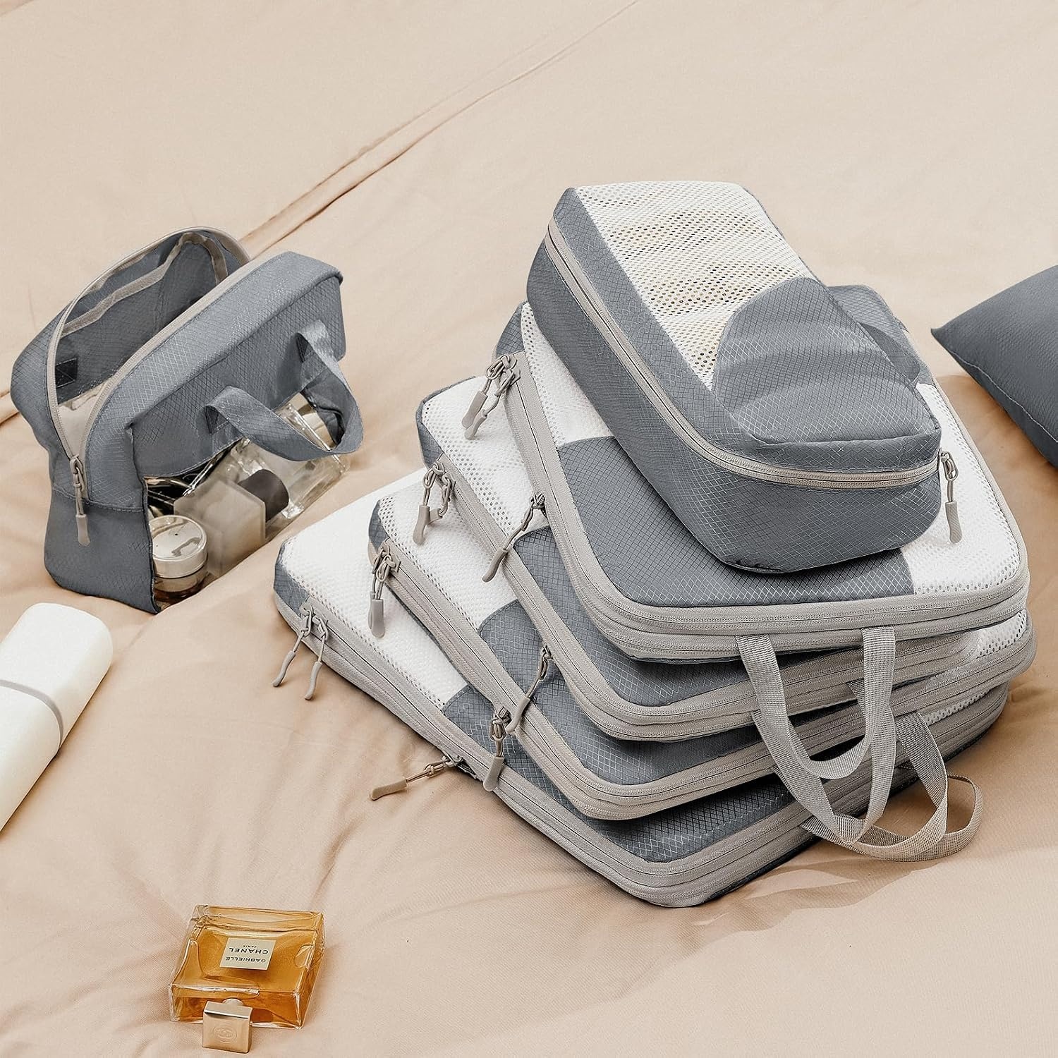 image:imageDIMJ Packing Cubes Compression Compression Packing Cubes Travel Mesh Design Packing Cubes for Suitcases Travel Cubes for Packing with Sock Bag Transparent Window Wash Bag 8 Pack Grey