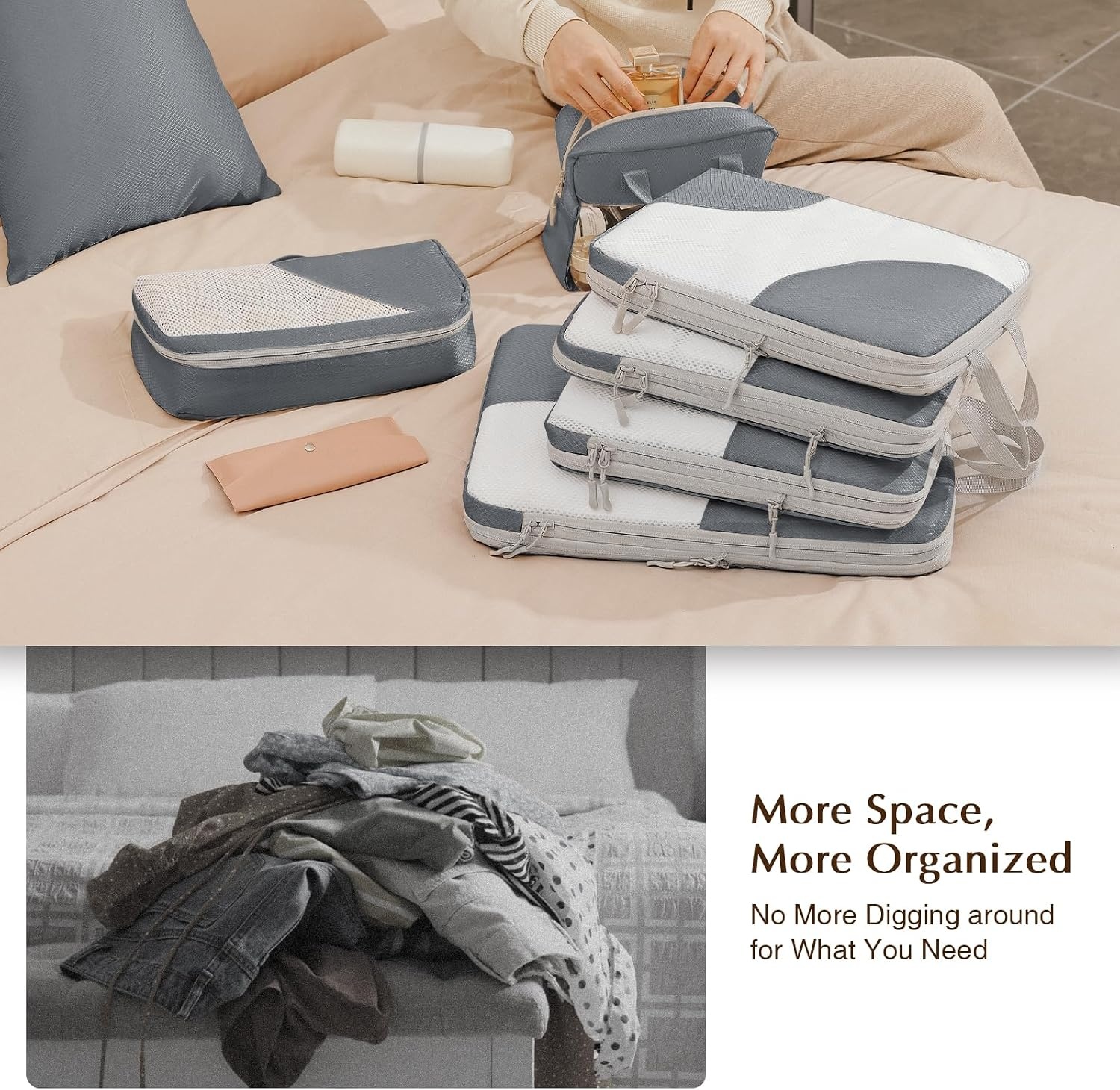 image:imageDIMJ Packing Cubes Compression Compression Packing Cubes Travel Mesh Design Packing Cubes for Suitcases Travel Cubes for Packing with Sock Bag Transparent Window Wash Bag 8 Pack Grey