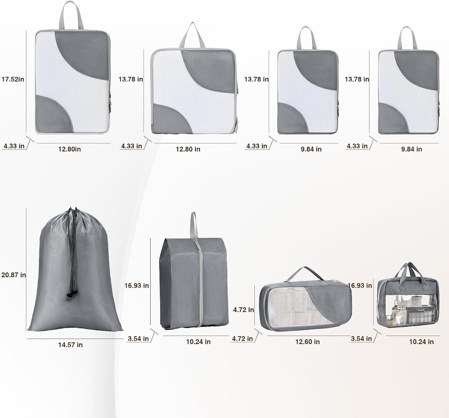 image:imageDIMJ Packing Cubes Compression Compression Packing Cubes Travel Mesh Design Packing Cubes for Suitcases Travel Cubes for Packing with Sock Bag Transparent Window Wash Bag 8 Pack Grey