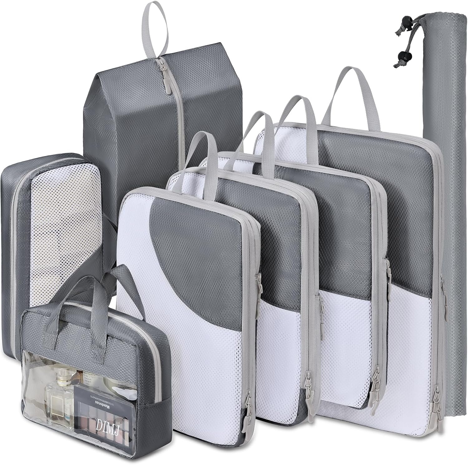 image:imageDIMJ Packing Cubes Compression Compression Packing Cubes Travel Mesh Design Packing Cubes for Suitcases Travel Cubes for Packing with Sock Bag Transparent Window Wash Bag 8 Pack Grey