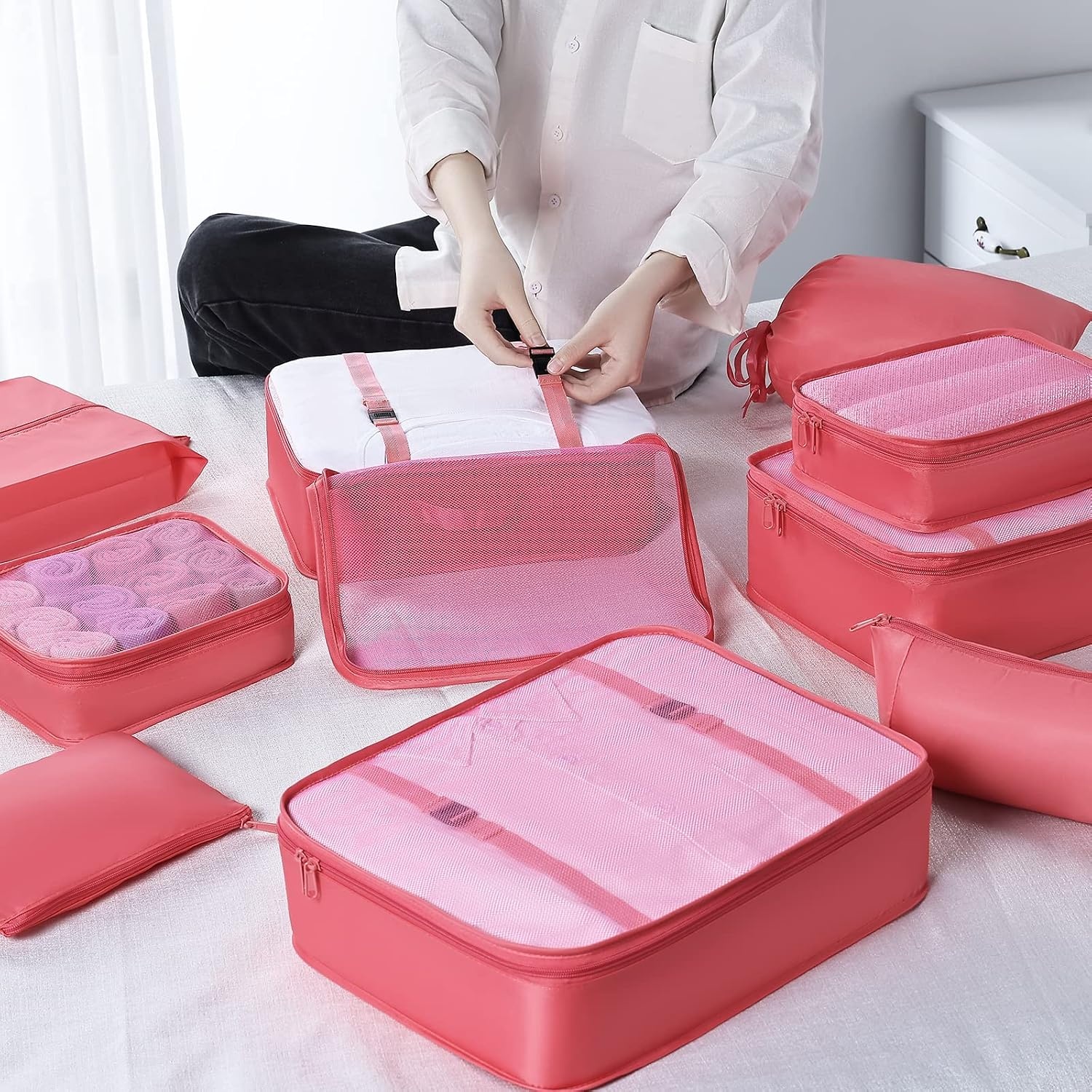 image:imageDIMJ Packing Cubes for Backpack Lightweight Luggage Organizers for Suitcase Travel Clothes Organizer Large Packing Cubes for Suitcases with Laundry Bag amp Shoe Bag and Makeup BagRed