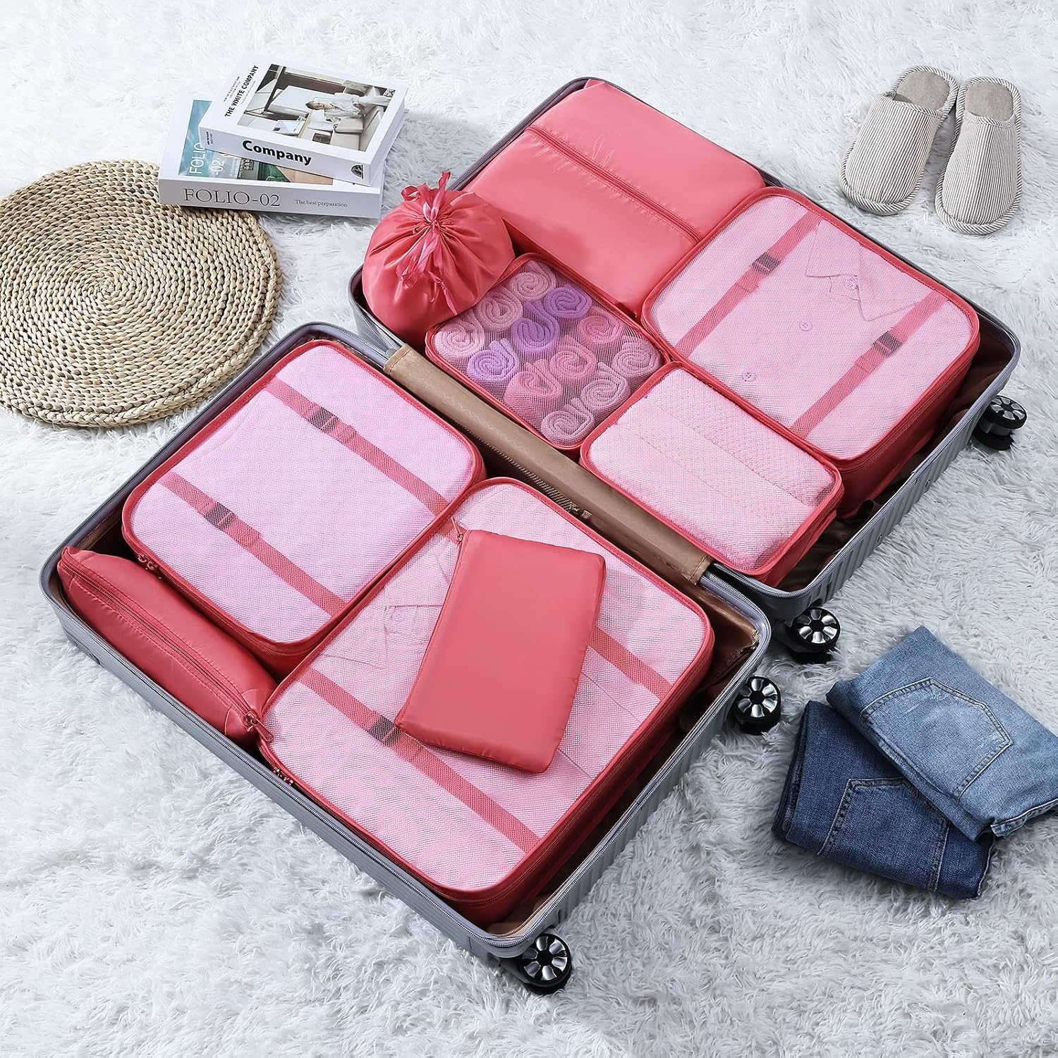 image:imageDIMJ Packing Cubes for Backpack Lightweight Luggage Organizers for Suitcase Travel Clothes Organizer Large Packing Cubes for Suitcases with Laundry Bag amp Shoe Bag and Makeup BagRed