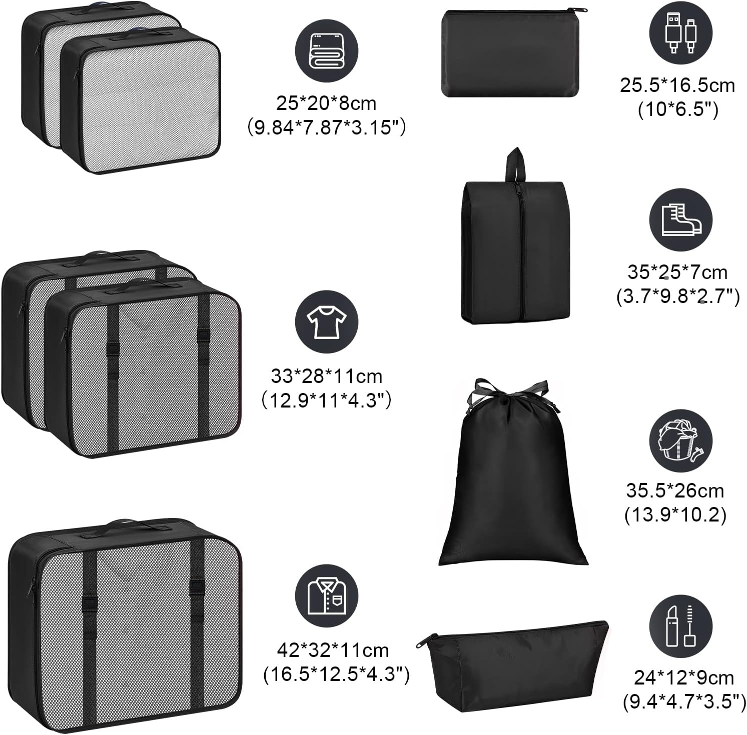 image:imageDIMJ Packing Cubes for Suitcase Organizer Bags Set of 9 Travel Cubes for Packing Lightweight Luggage Organizers for Suitcase With Makeup Bag Black