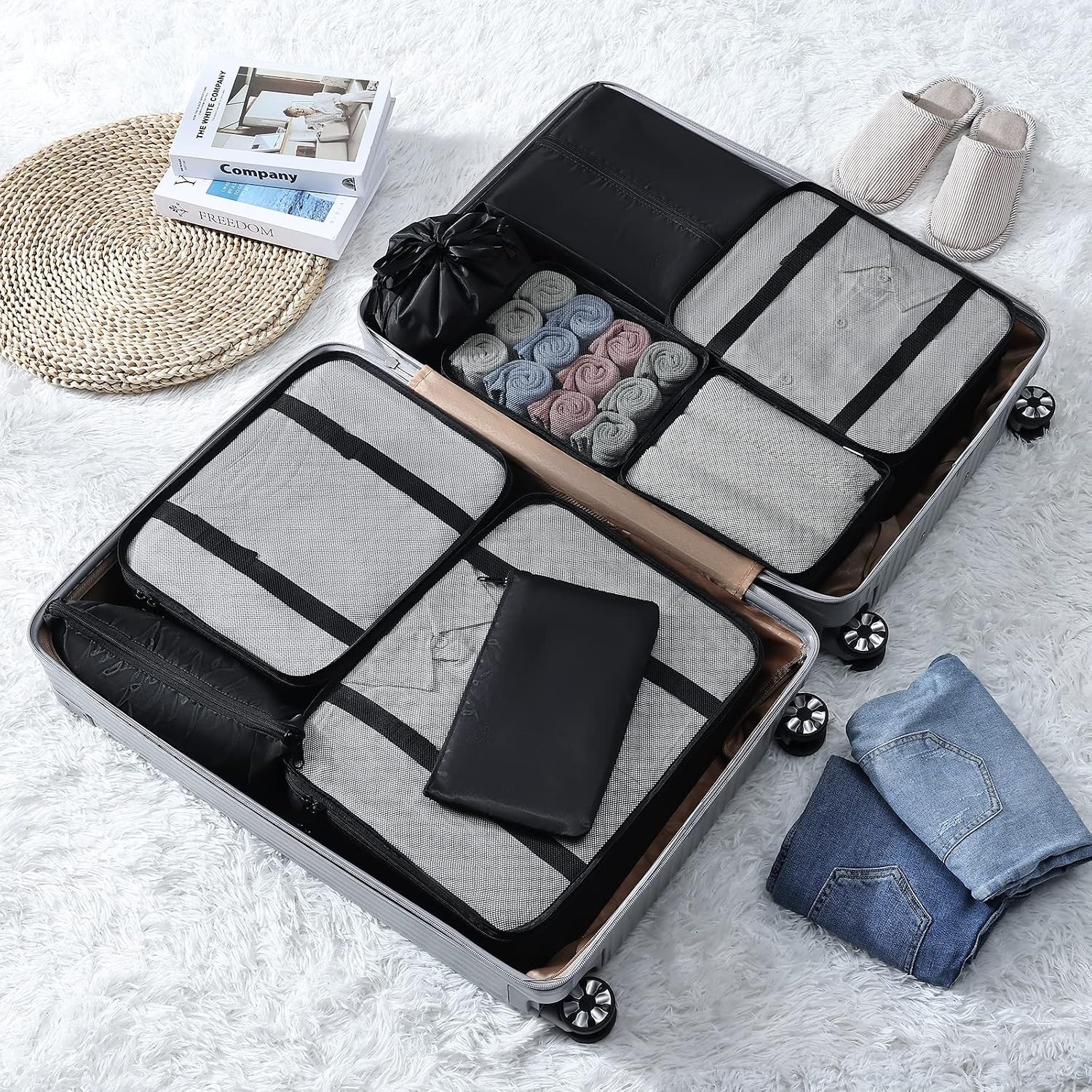 image:imageDIMJ Packing Cubes for Suitcase Organizer Bags Set of 9 Travel Cubes for Packing Lightweight Luggage Organizers for Suitcase With Makeup Bag Black