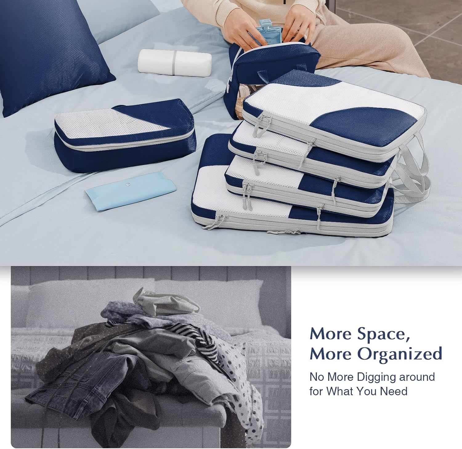 image:imageDIMJ Packing Cubes for Travel Mesh Design Compression Cubes with Sock Bag Clear Window Wash Bag Navy Blue YSHX006