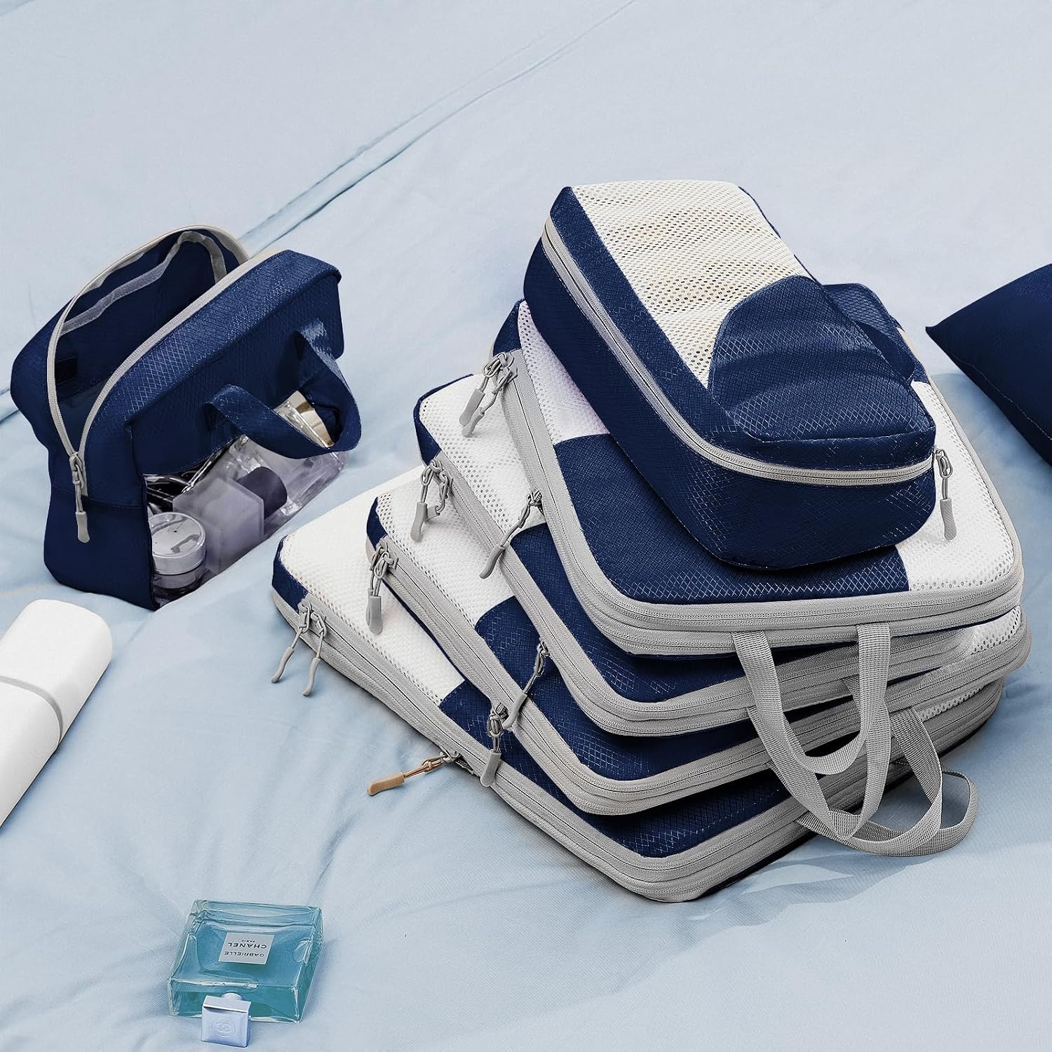 image:imageDIMJ Packing Cubes for Travel Mesh Design Compression Cubes with Sock Bag Clear Window Wash Bag Navy Blue YSHX006