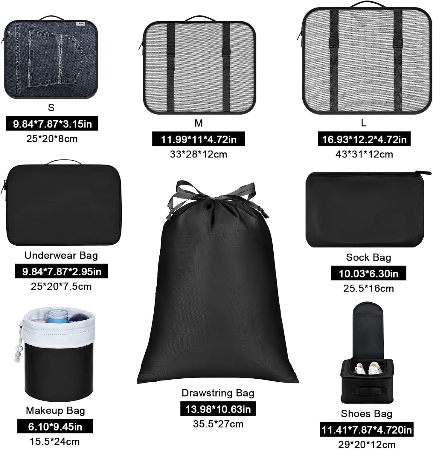 image:imageDIMJ Packing Cubes for Travel 8 Pack Travel Packing Organizers Travel Cubes for Packing Black