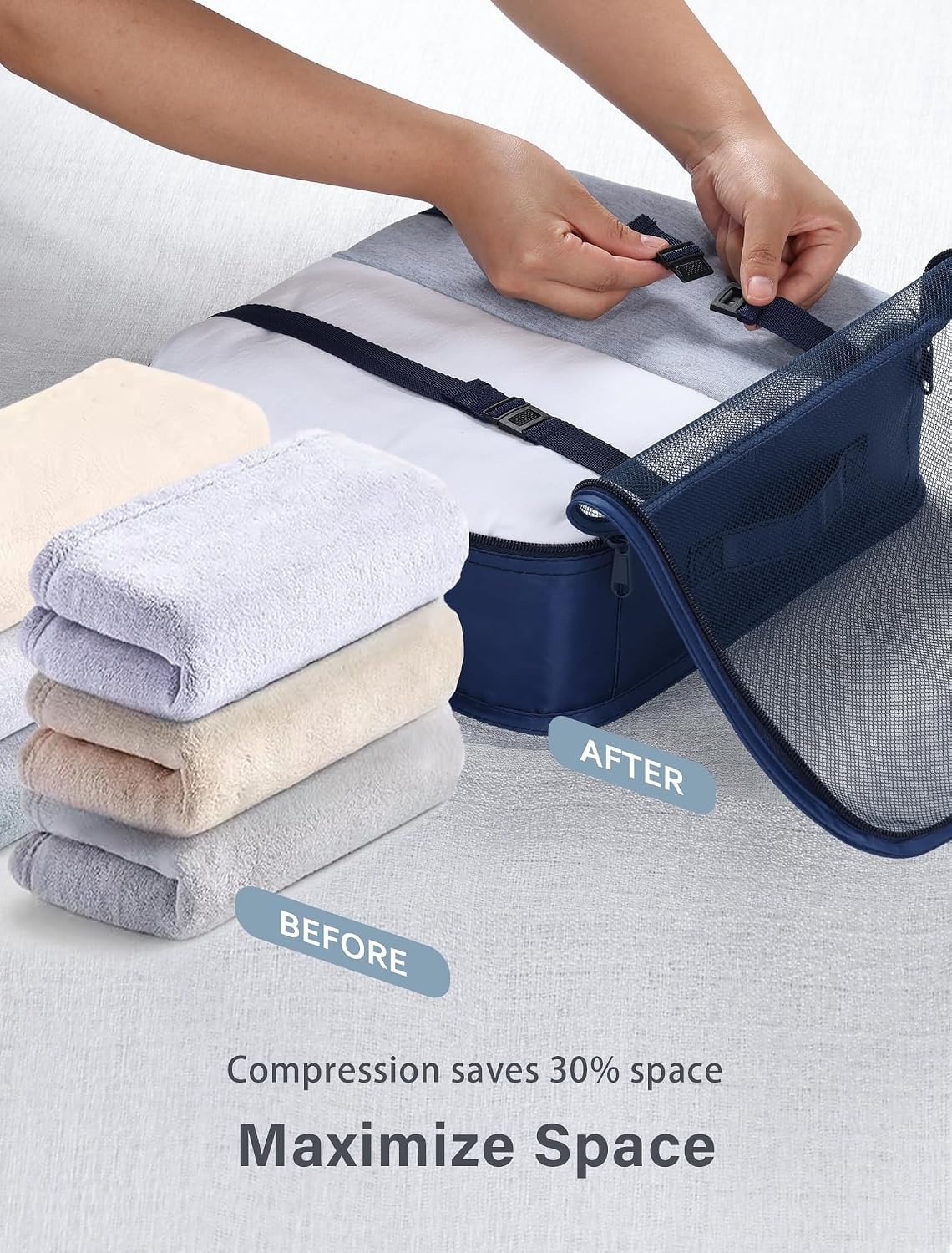 image:imageDIMJ Packing Cubes for Travel 8Pcs Travel Cubes Set Foldable Suitcase Organizer Lightweight Luggage Storage Bag Dark Blue