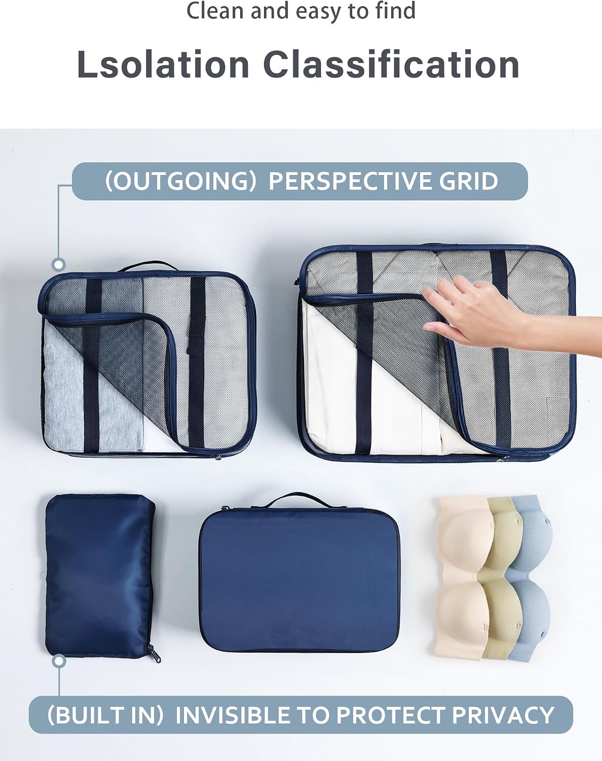 image:imageDIMJ Packing Cubes for Travel 8Pcs Travel Cubes Set Foldable Suitcase Organizer Lightweight Luggage Storage Bag Dark Blue