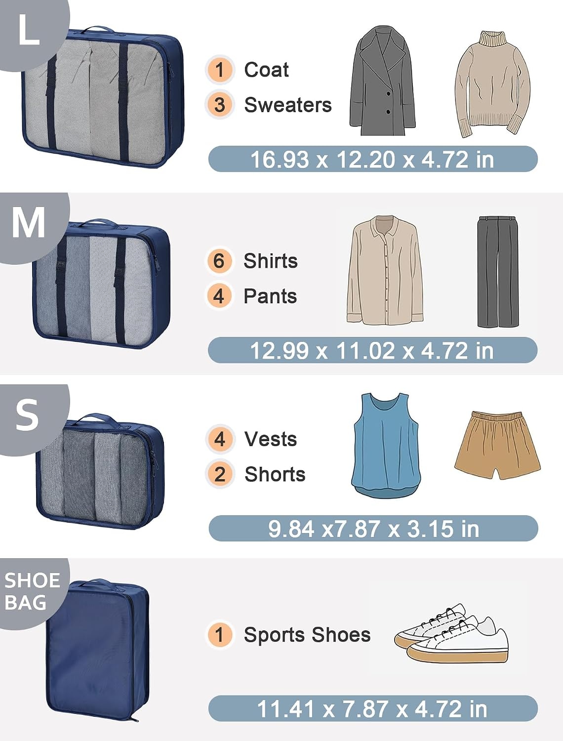 image:imageDIMJ Packing Cubes for Travel 8Pcs Travel Cubes Set Foldable Suitcase Organizer Lightweight Luggage Storage Bag Dark Blue