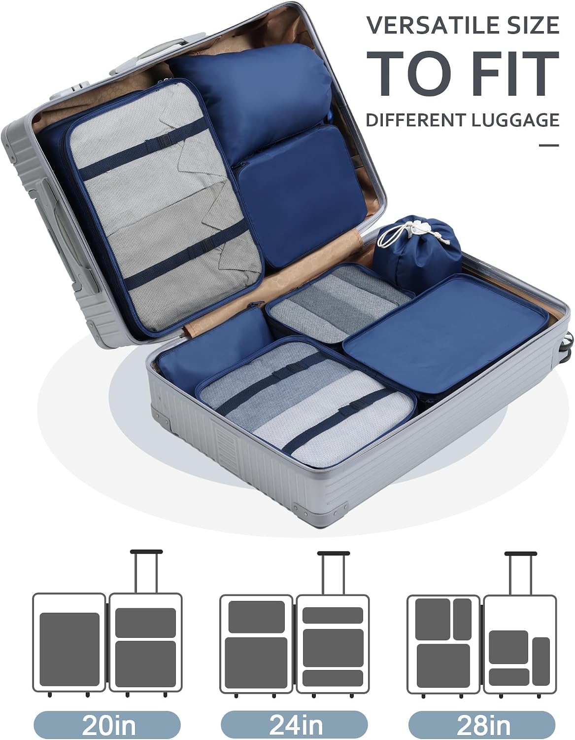 image:imageDIMJ Packing Cubes for Travel 8Pcs Travel Cubes Set Foldable Suitcase Organizer Lightweight Luggage Storage Bag Dark Blue