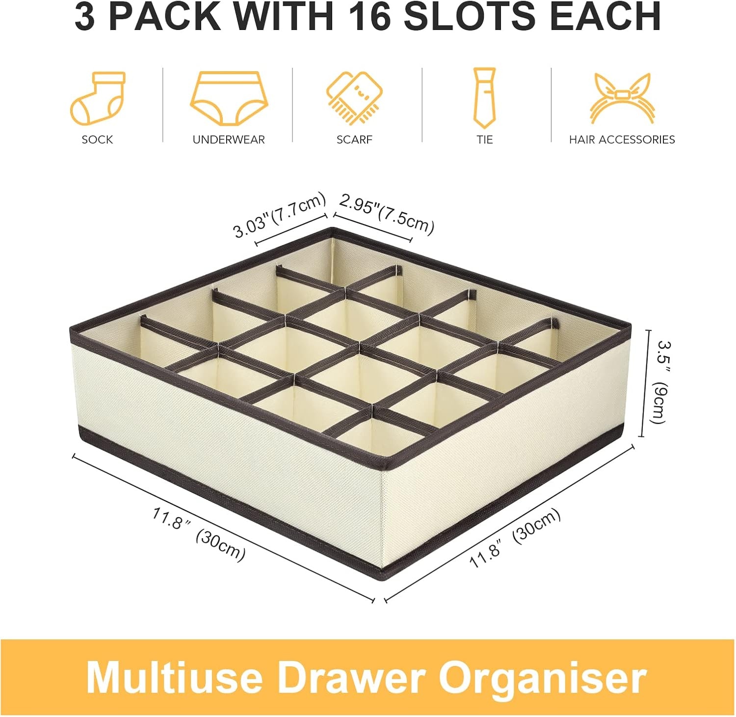 image:imageDIMJ Sock Drawer Organizer Dividers 3 Pack 48 Cell Underwear Organizer Foldable Closet Storage for Ties Belts Lingerie Hijab Scarf Handkerchiefs Fabric Dresser Storage