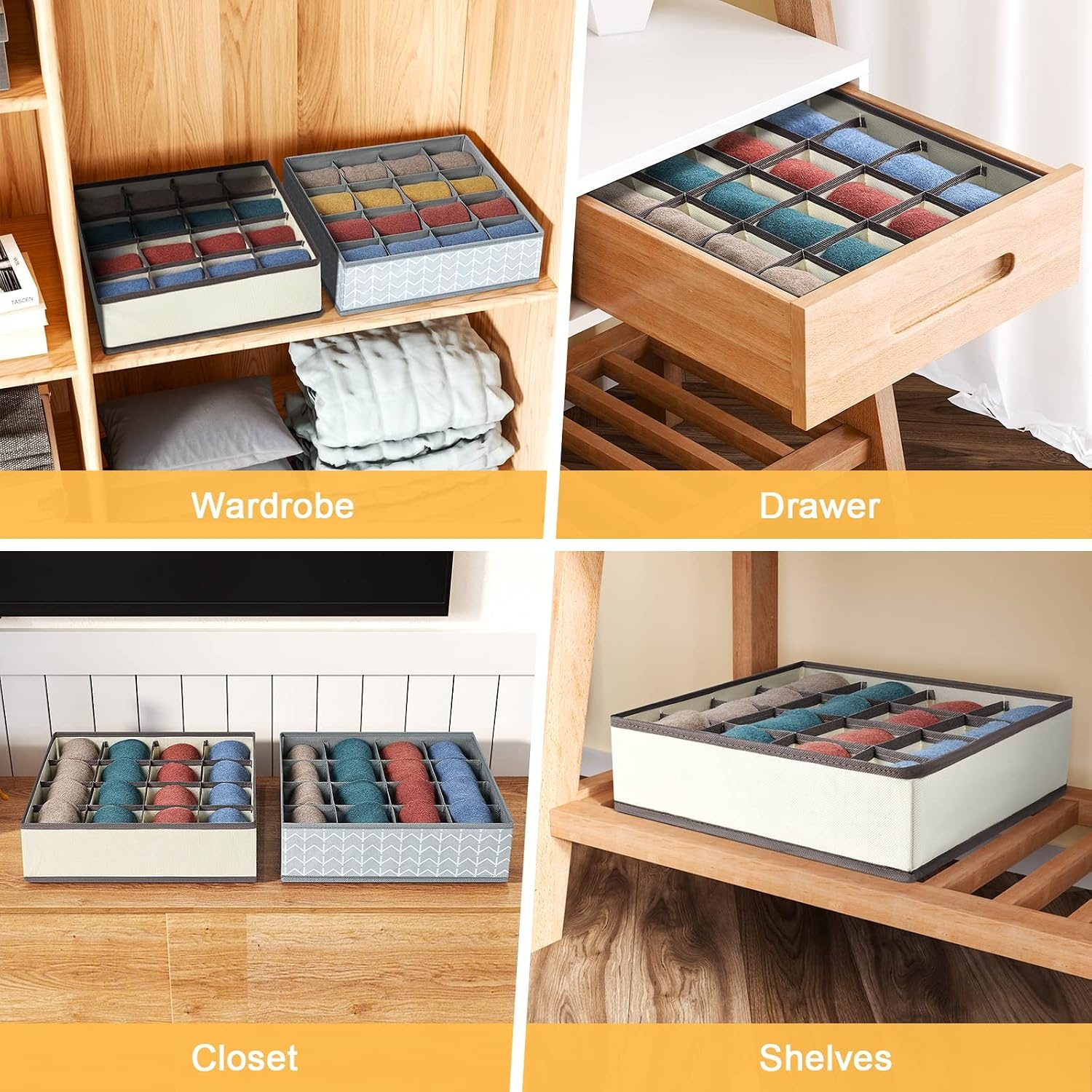 image:imageDIMJ Sock Drawer Organizer Dividers 3 Pack 48 Cell Underwear Organizer Foldable Closet Storage for Ties Belts Lingerie Hijab Scarf Handkerchiefs Fabric Dresser Storage