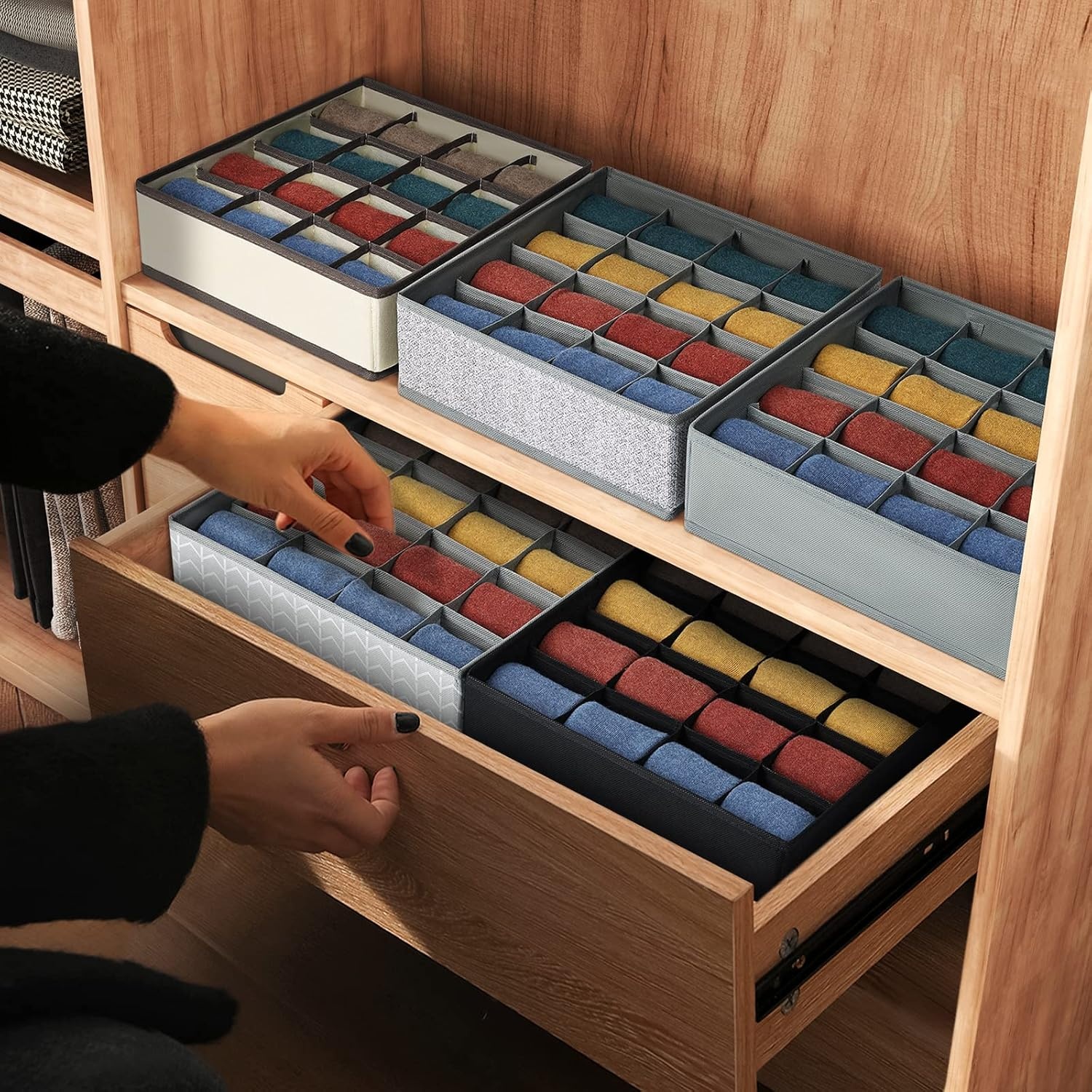 image:imageDIMJ Sock Drawer Organizer Dividers 3 Pack 48 Cell Underwear Organizer Foldable Closet Storage for Ties Belts Lingerie Hijab Scarf Handkerchiefs Fabric Dresser Storage