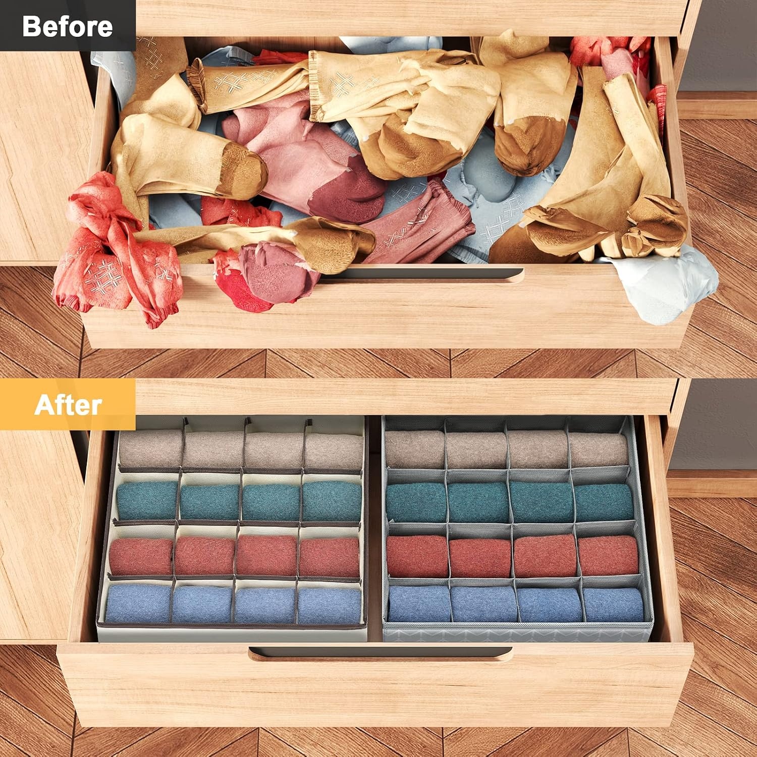 image:imageDIMJ Sock Drawer Organizer Dividers 3 Pack 48 Cell Underwear Organizer Foldable Closet Storage for Ties Belts Lingerie Hijab Scarf Handkerchiefs Fabric Dresser Storage