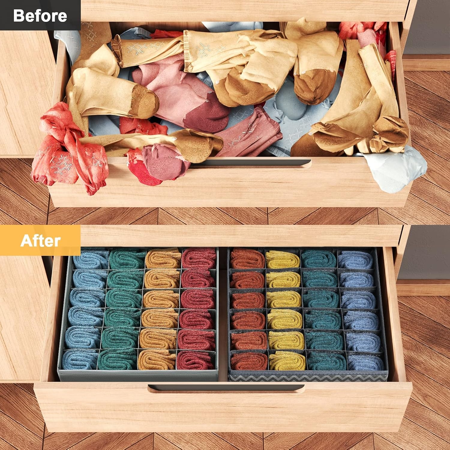 image:imageDIMJ Sock Drawer Organizer Dividers 3 Pack 72 Cell Underwear Organizer Foldable Closet Storage for Ties Belts Lingerie Hijab Scarf Handkerchiefs Fabric Dresser Storage