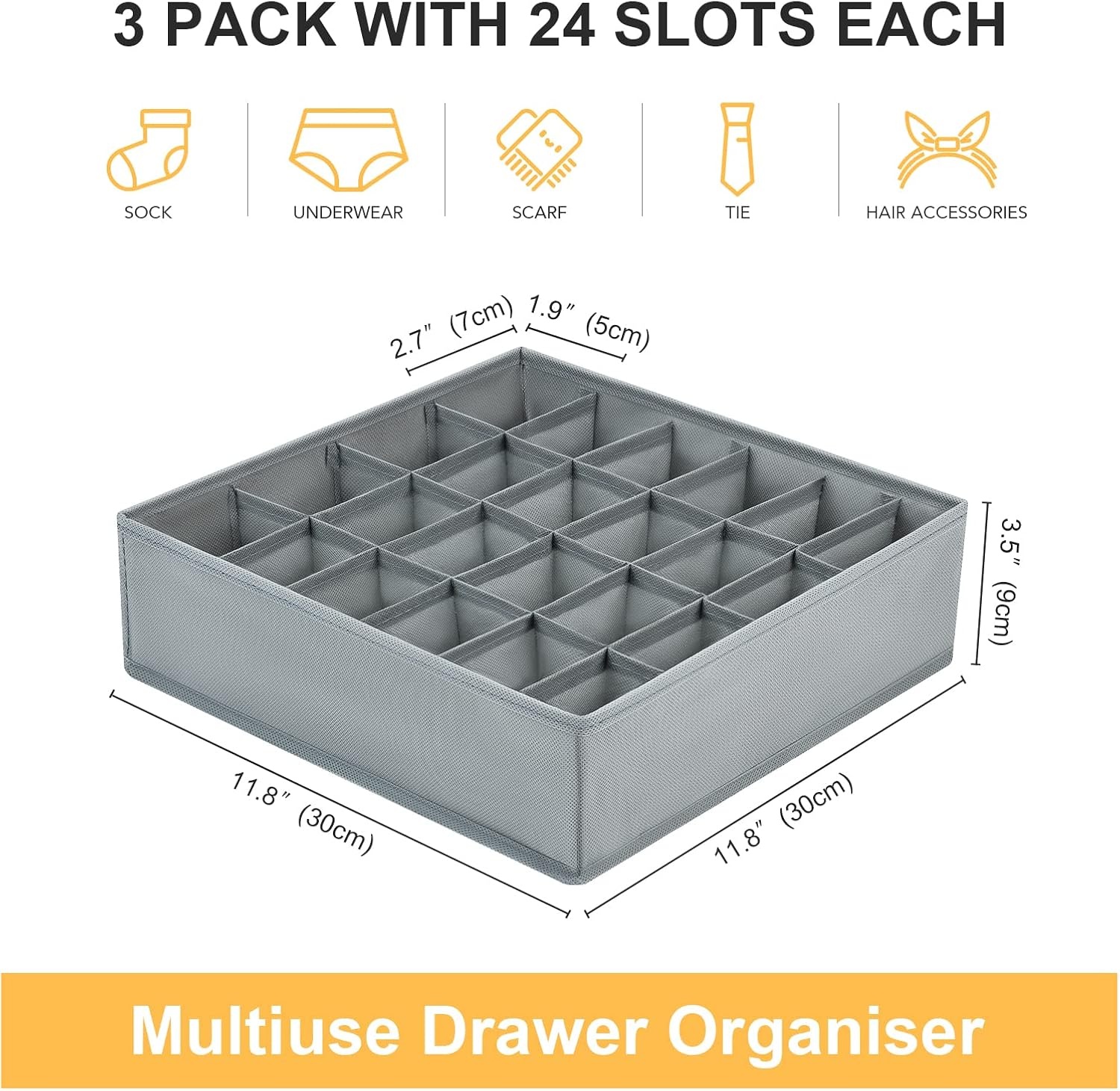 image:imageDIMJ Sock Drawer Organizer Dividers 3 Pack 72 Cell Underwear Organizer Foldable Closet Storage for Ties Belts Lingerie Hijab Scarf Handkerchiefs Fabric Dresser Storage