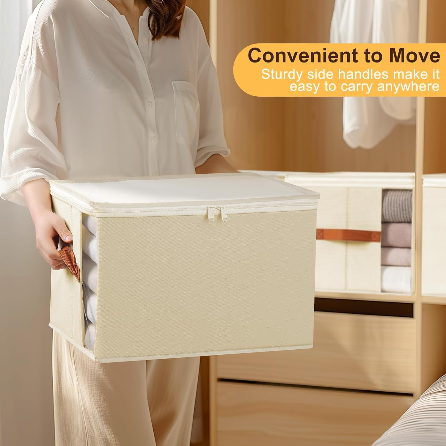 image:imageDIMJ Storage Bins With Lids Large Clothes Storage Bins with Window Sheet Organizers and Storage Foldable Closet Sheet Organizer Containers for Clothing Sweater Blanket 4 Pack Beige
