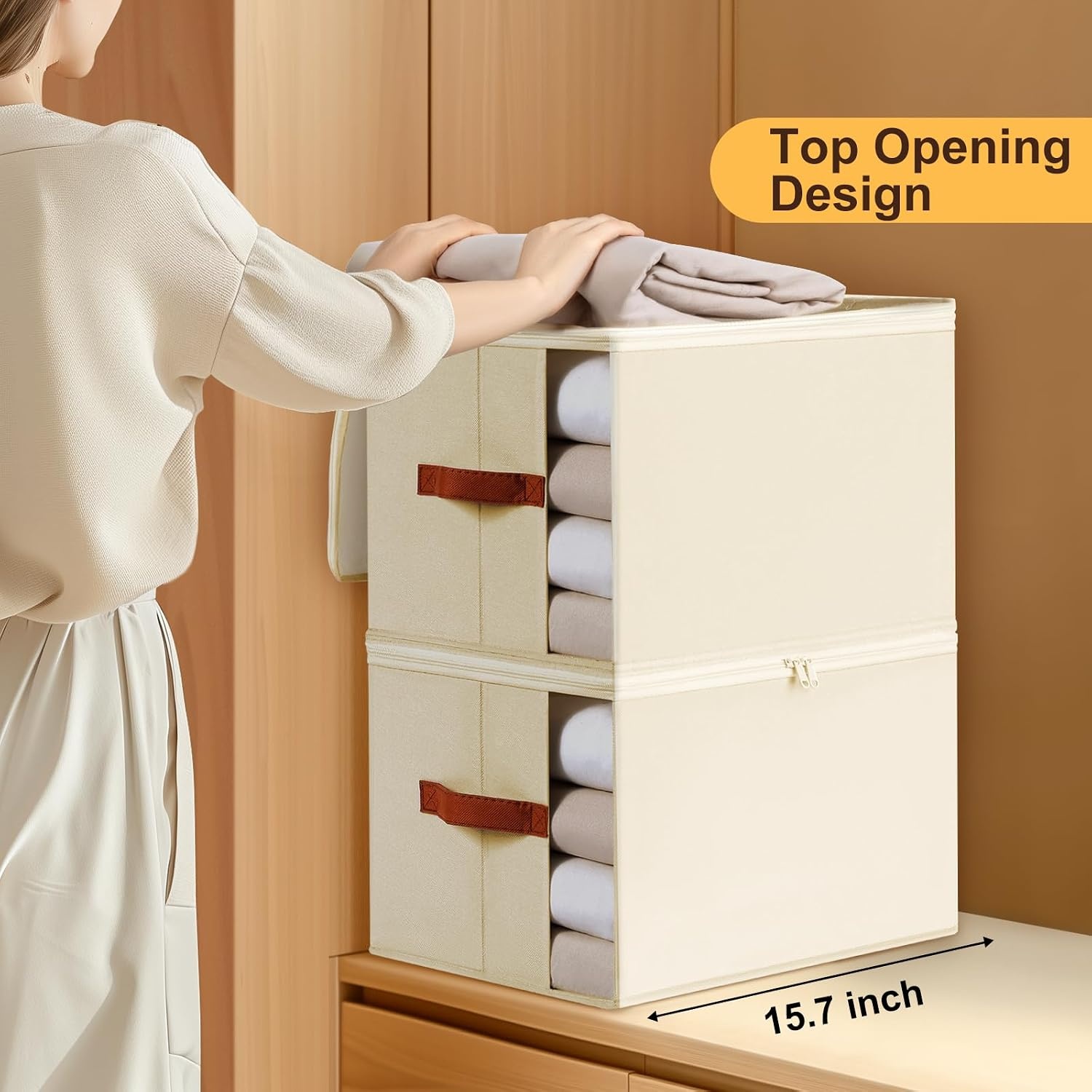 image:imageDIMJ Storage Bins With Lids Large Clothes Storage Bins with Window Sheet Organizers and Storage Foldable Closet Sheet Organizer Containers for Clothing Sweater Blanket 4 Pack Beige