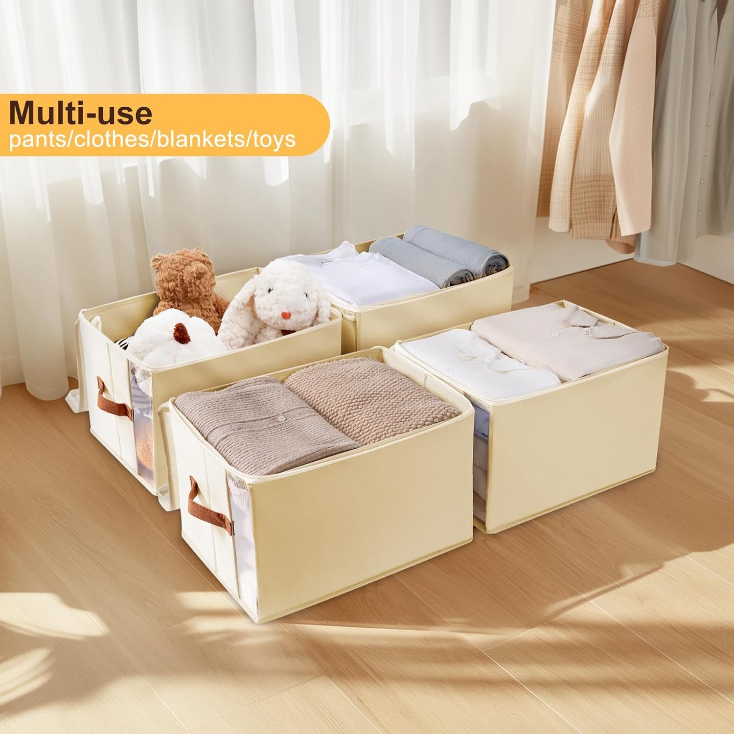 image:imageDIMJ Storage Bins With Lids Large Clothes Storage Bins with Window Sheet Organizers and Storage Foldable Closet Sheet Organizer Containers for Clothing Sweater Blanket 4 Pack Beige