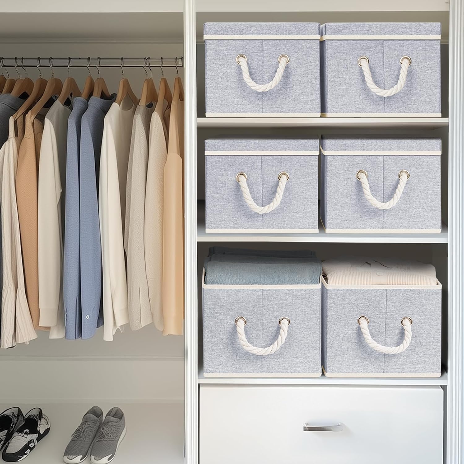 image:imageDIMJ Storage Bins with Lids Closet Organizers and Storage Collapsible Storage Bins for Organization Fabric Clothes Organizers and Storage Boxes with Lids for Closet 4 Pack Grey