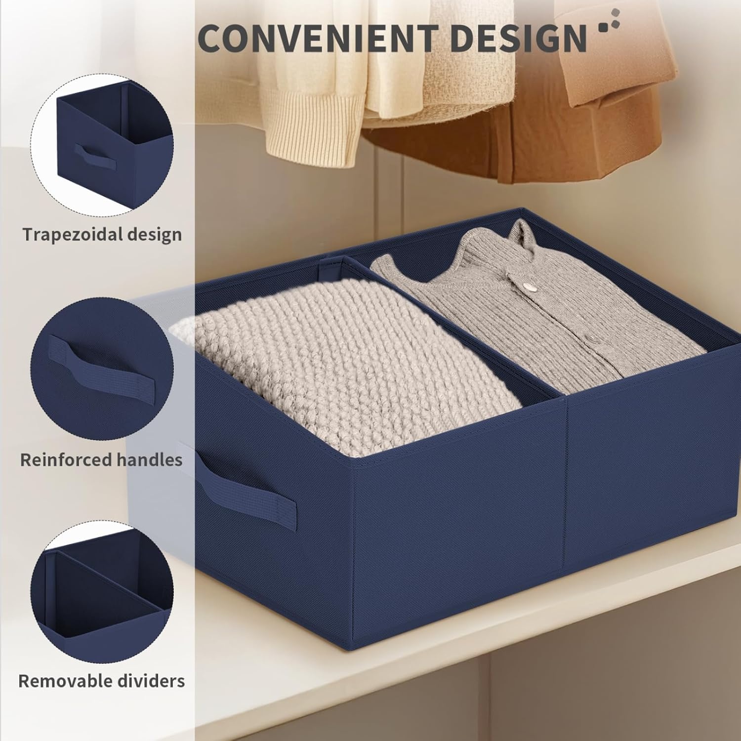 image:imageDIMJ Trapezoid Storage Bins for closet shelves Closet Organzier Bins with Handle Foldable Closet Storage Bins Basket Closet Organizers and Storage for Toys Books 6 Packs BlackNavy Blue