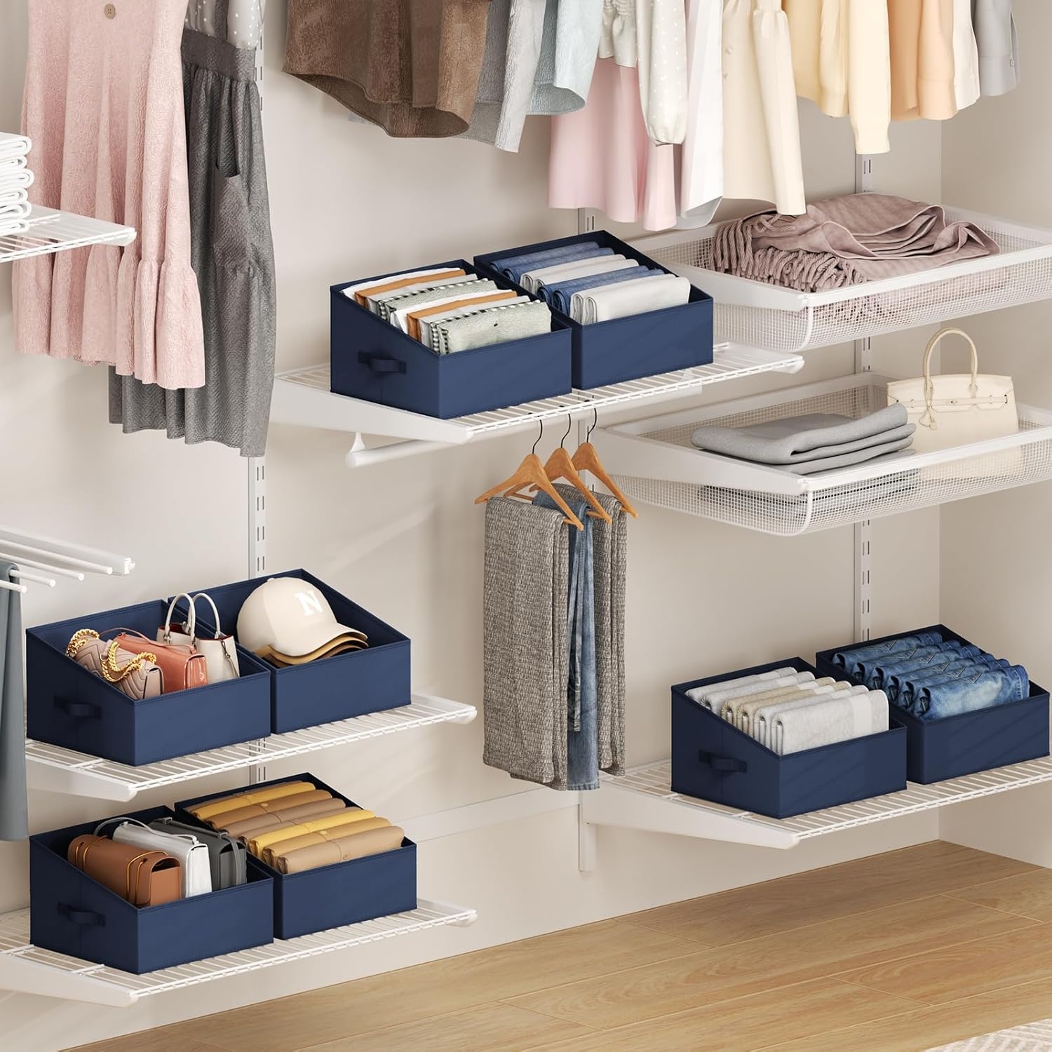 image:imageDIMJ Trapezoid Storage Bins for closet shelves Closet Organzier Bins with Handle Foldable Closet Storage Bins Basket Closet Organizers and Storage for Toys Books 6 Packs BlackNavy Blue