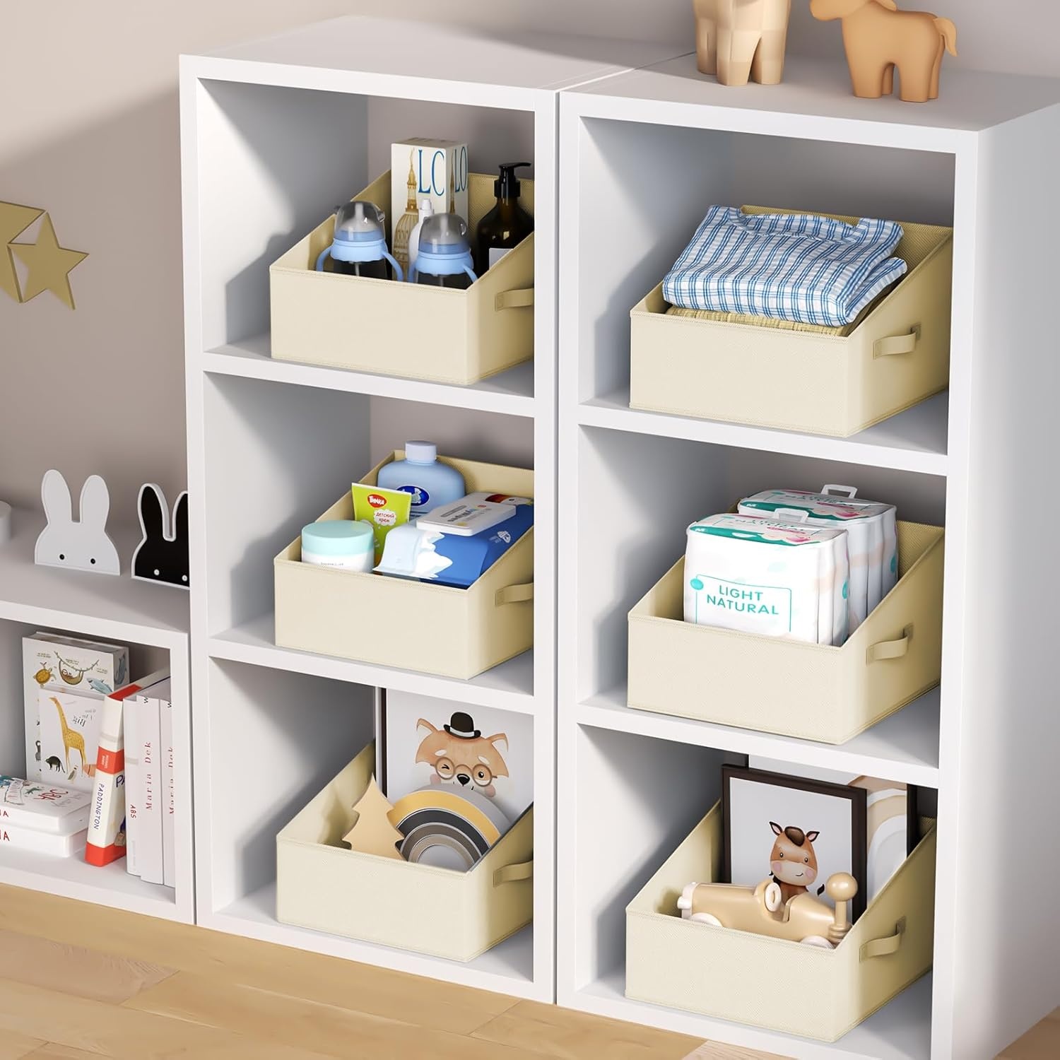 image:imageDIMJ Trapezoid Storage Bins for closet shelves Closet Organzier Bins with Handle Foldable Closet Storage Bins Basket Closet Organizers and Storage for Toys Books 6 Packs BlackBeige