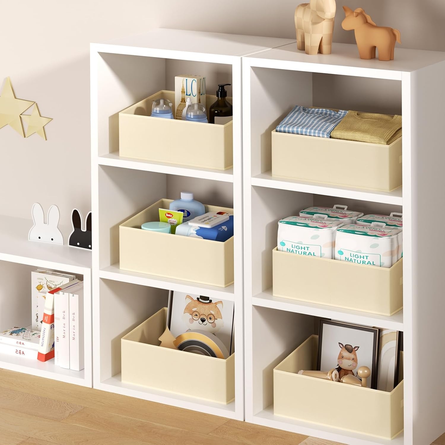 image:imageDIMJ Trapezoid Storage Bins for closet shelves Closet Organzier Bins with Handle Foldable Closet Storage Bins Basket Closet Organizers and Storage for Toys Books 6 Packs BlackBeige