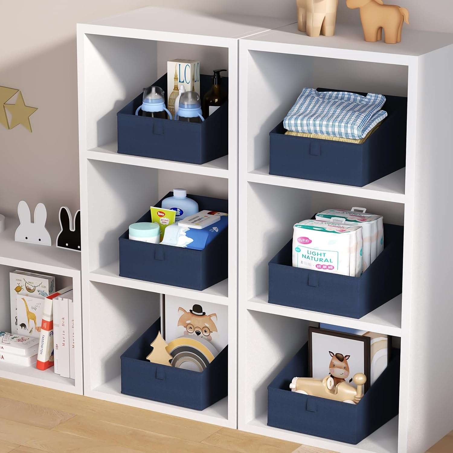 image:imageDIMJ Trapezoid Storage Bins for closet shelves Closet Organzier Bins with Handle Foldable Closet Storage Bins Basket Closet Organizers and Storage for Toys Books 6 Packs BlackNavy Blue