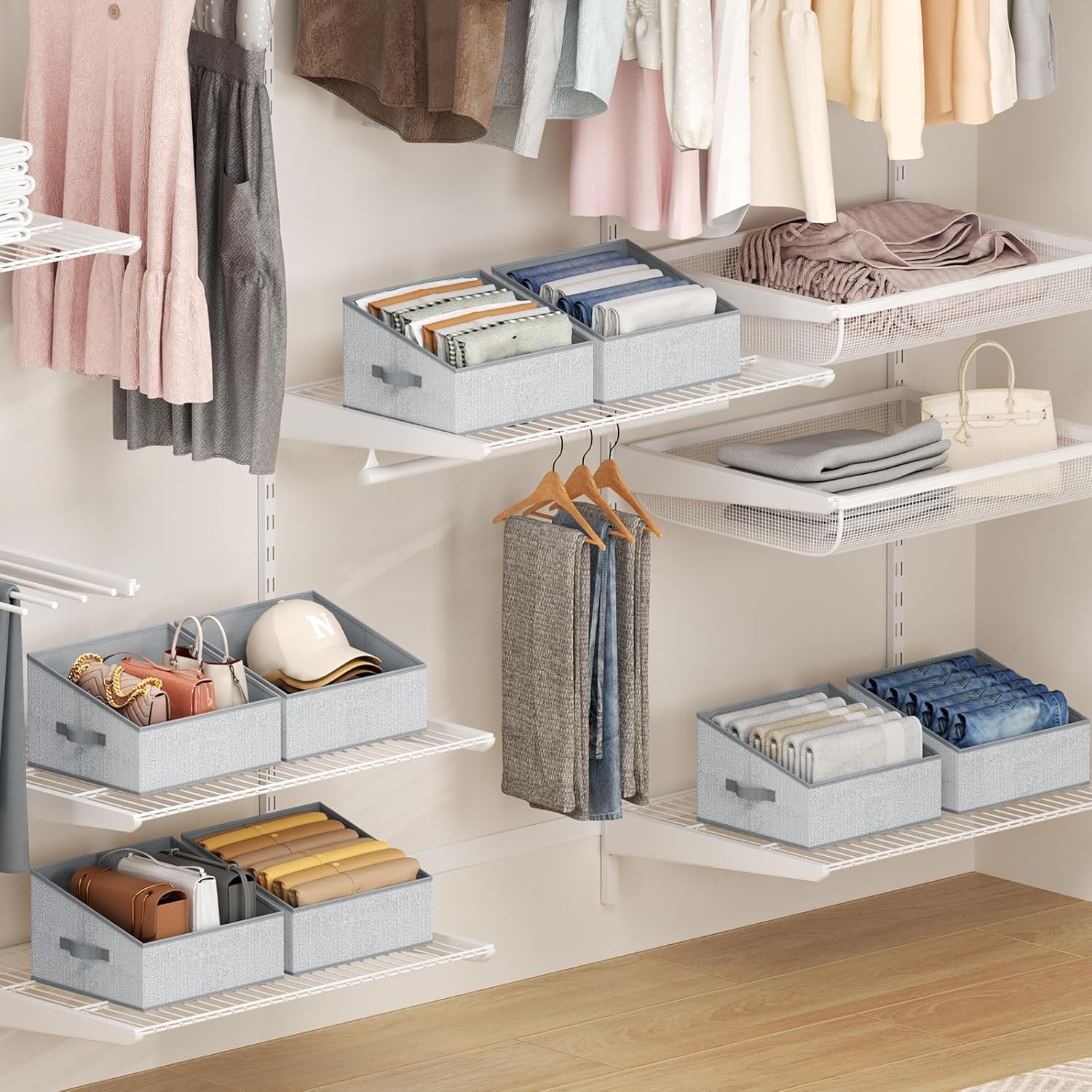 image:imageDIMJ Trapezoid Storage Bins for closet shelves Closet Organzier Bins with Handle Foldable Closet Storage Bins Basket Closet Organizers and Storage for Toys Books 6 Packs BlackBlended Gray