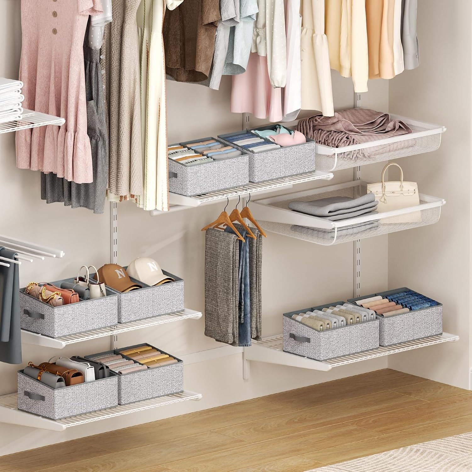 image:imageDIMJ Trapezoid Storage Bins for closet shelves Closet Organzier Bins with Handle Foldable Closet Storage Bins Basket Closet Organizers and Storage for Toys Books 6 Packs BlackSilver Gray