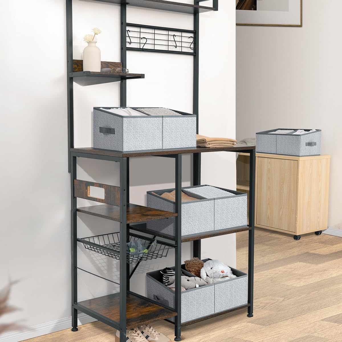 image:imageDIMJ Trapezoid Storage Bins for closet shelves Closet Organzier Bins with Handle Foldable Closet Storage Bins Basket Closet Organizers and Storage for Toys Books 6 Packs BlackSilver Gray
