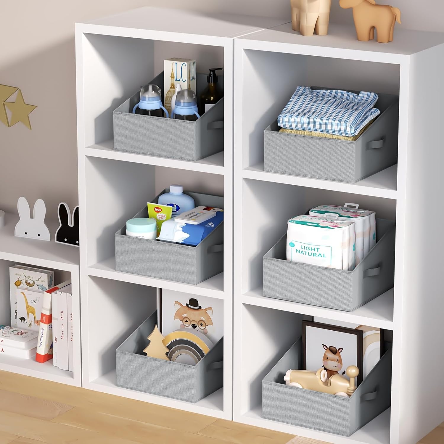 image:imageDIMJ Trapezoid Storage Bins for closet shelves Closet Organzier Bins with Handle Foldable Closet Storage Bins Basket Closet Organizers and Storage for Toys Books 6 Packs BlackGray