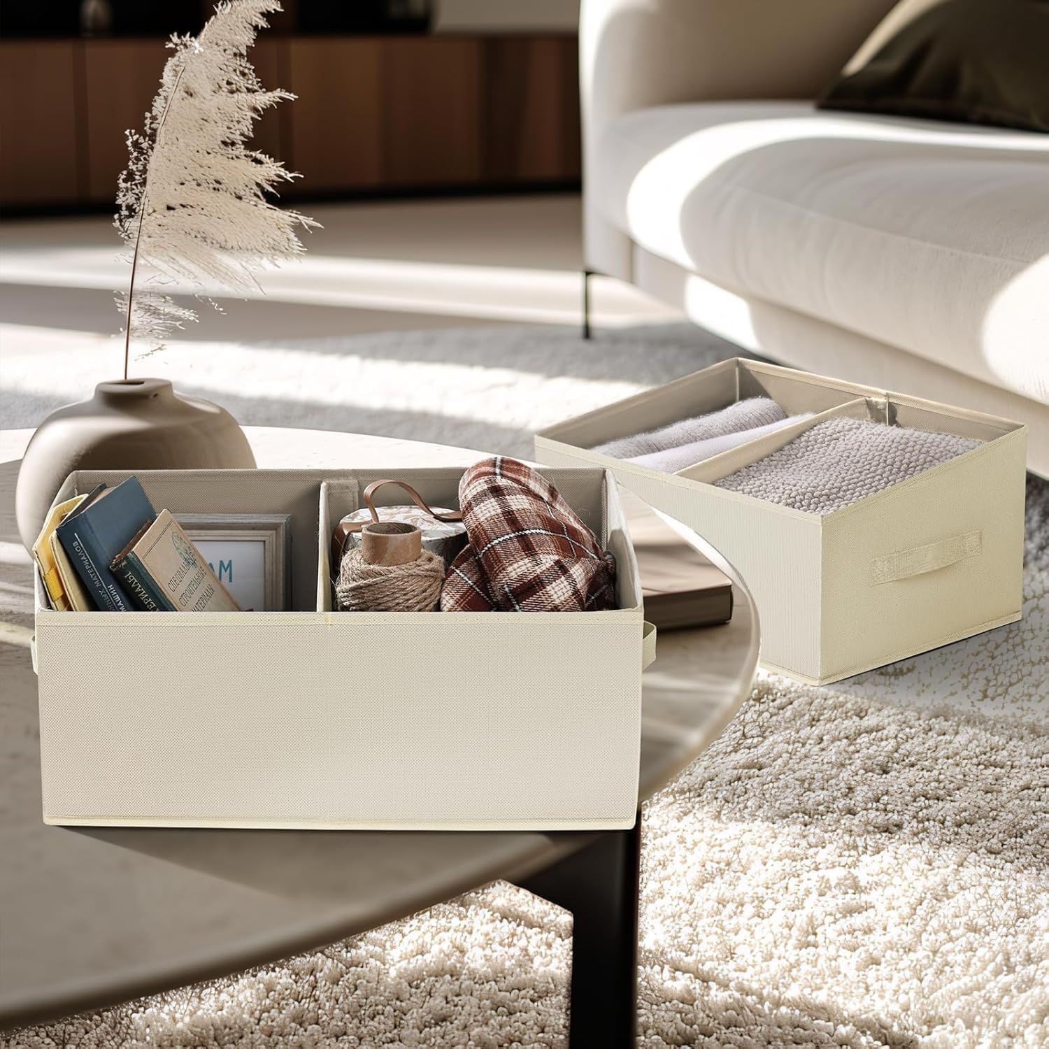 image:imageDIMJ Trapezoid Storage Bins for closet shelves Closet Organzier Bins with Handle Foldable Closet Storage Bins Basket Closet Organizers and Storage for Toys Books 6 Packs BlackBeige