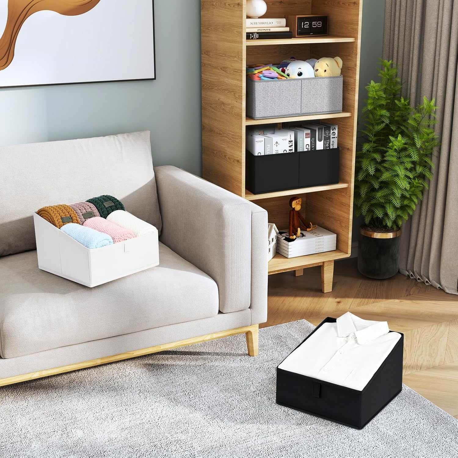 image:imageDIMJ Trapezoid Storage Bins for closet shelves Closet Organzier Bins with Handle Foldable Closet Storage Bins Basket Closet Organizers and Storage for Toys Books 6 Packs BlackWhite