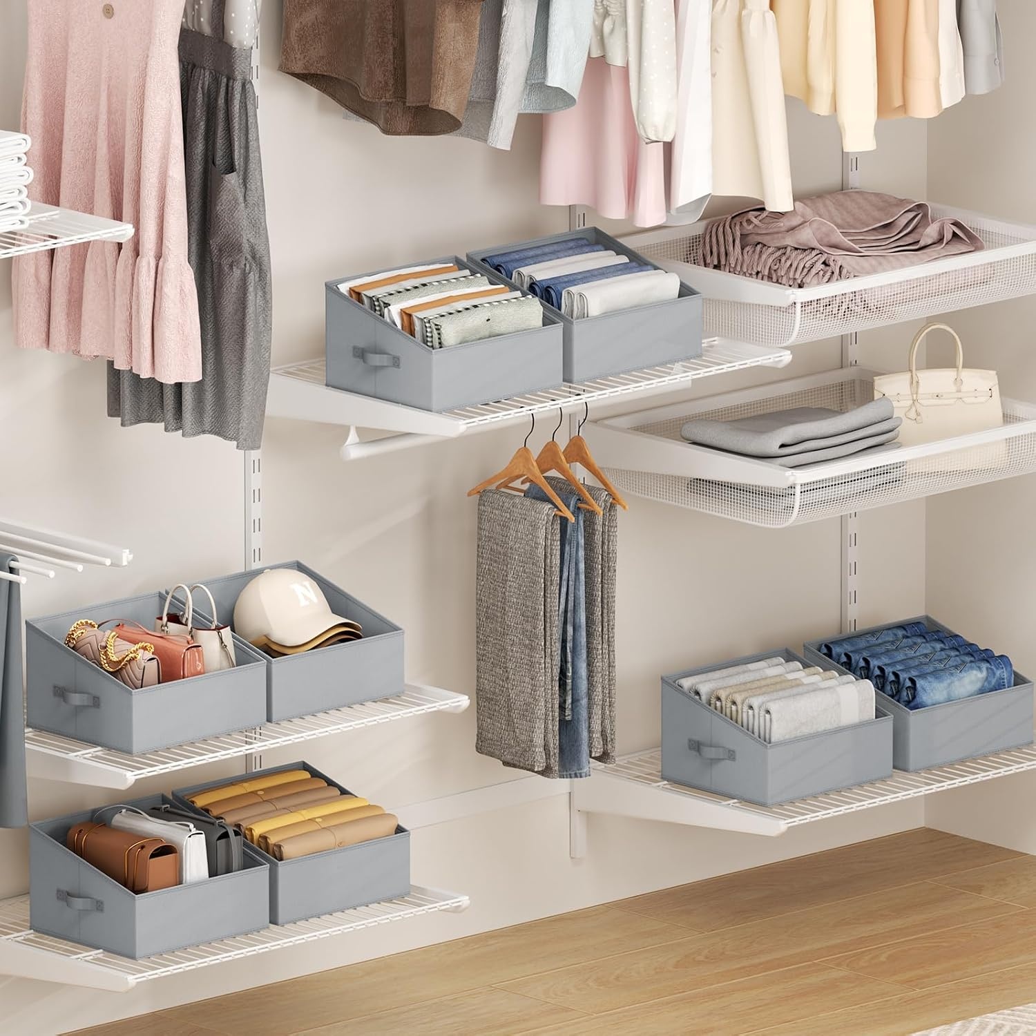 image:imageDIMJ Trapezoid Storage Bins for closet shelves Closet Organzier Bins with Handle Foldable Closet Storage Bins Basket Closet Organizers and Storage for Toys Books 6 Packs BlackGray