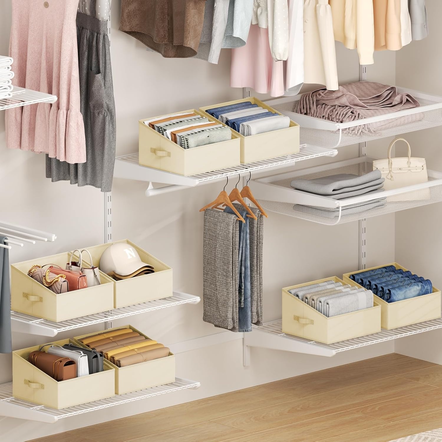 image:imageDIMJ Trapezoid Storage Bins for closet shelves Closet Organzier Bins with Handle Foldable Closet Storage Bins Basket Closet Organizers and Storage for Toys Books 6 Packs BlackBeige