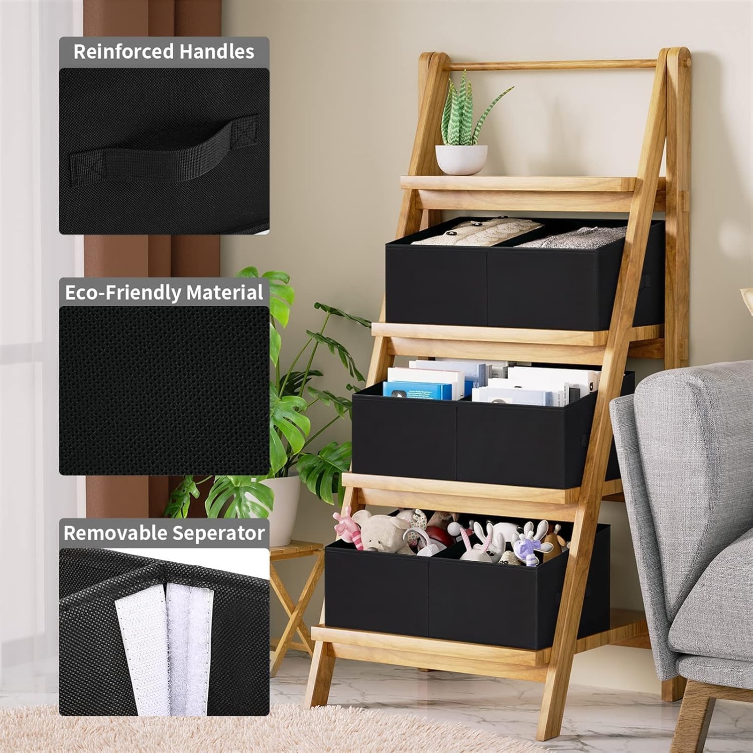 image:imageDIMJ Trapezoid Storage Bins for closet shelves Closet Organzier Bins with Handle Foldable Closet Storage Bins Basket Closet Organizers and Storage for Toys Books 6 Packs BlackBlack